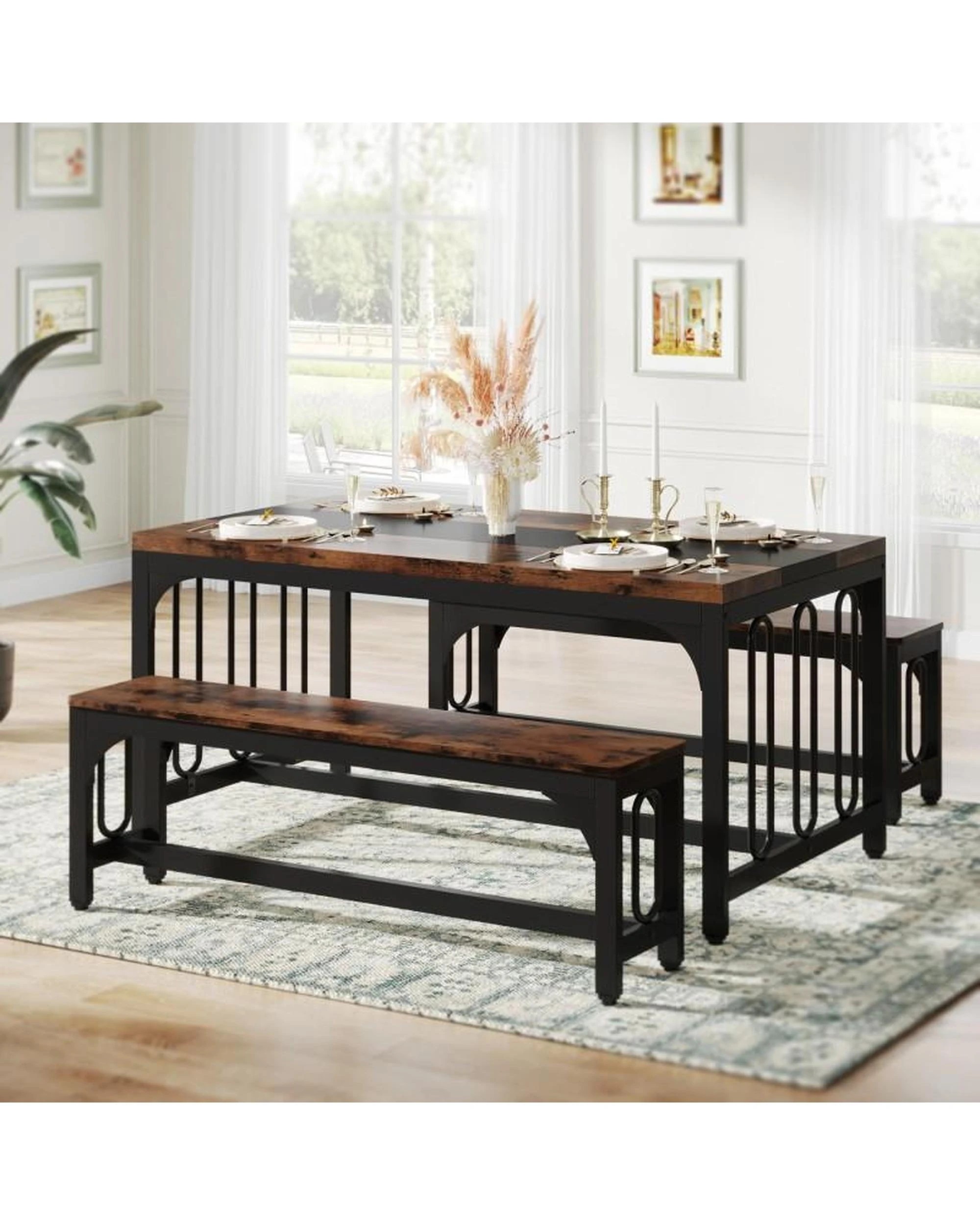 2 OAKORY 3-Piece Dining Table Set for 4, Farmhouse Kitchen Table with 2 Benches for Small Space Brown, 2 of 7