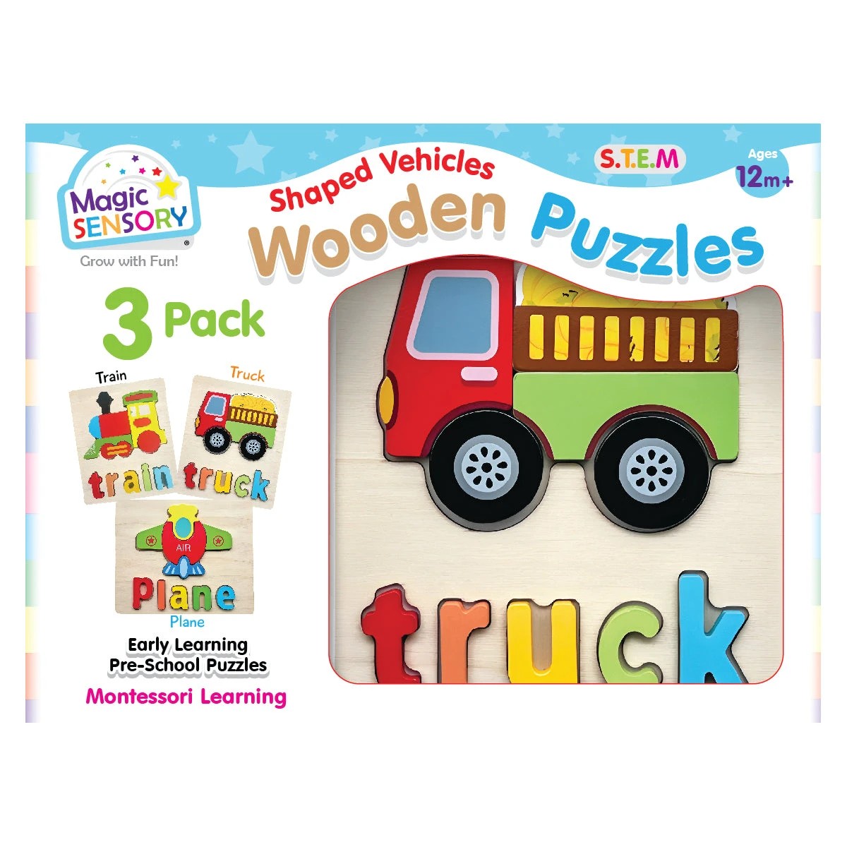 1 Magic Sensory Shaped Vehicles Wooden Puzzles Triple Pack, 1 of 5
