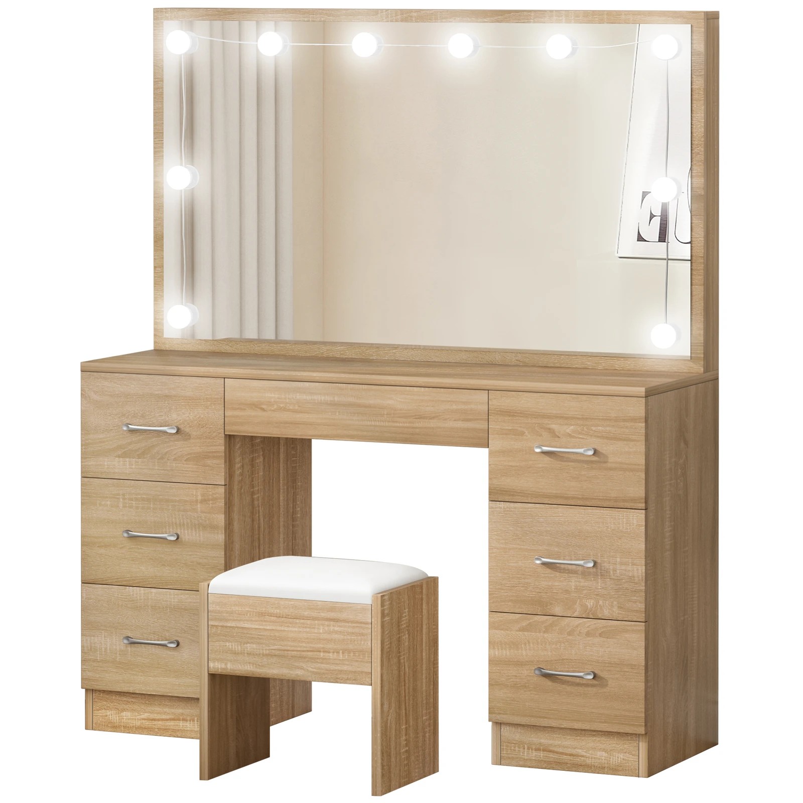 1 Alfordson Dressing Table Stool Set Makeup Mirror Desk LED 10 Bulbs - Natural, 1 of 10