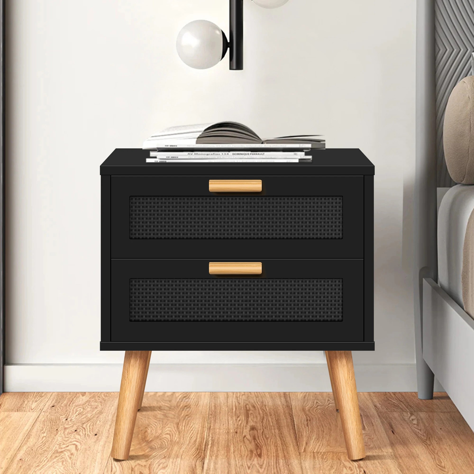 10 Alfordson Bedside Table Nightstand Side Storage Cabinet Boho Rattan - Black, 10 of 10