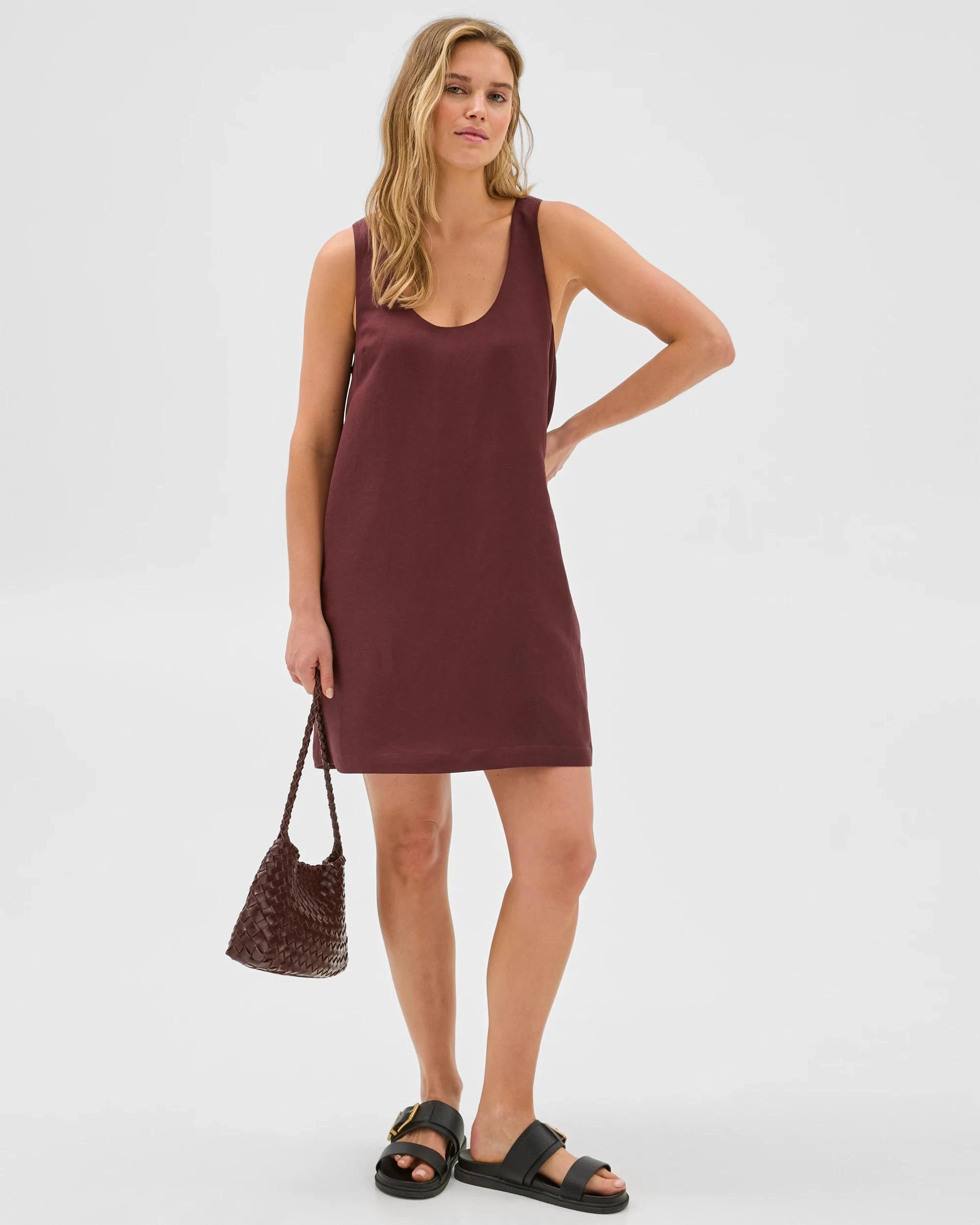 1 Lily Loves European Linen Blend U-Neck Mini Dress BURGUNDY ROUGE, 1 of 7