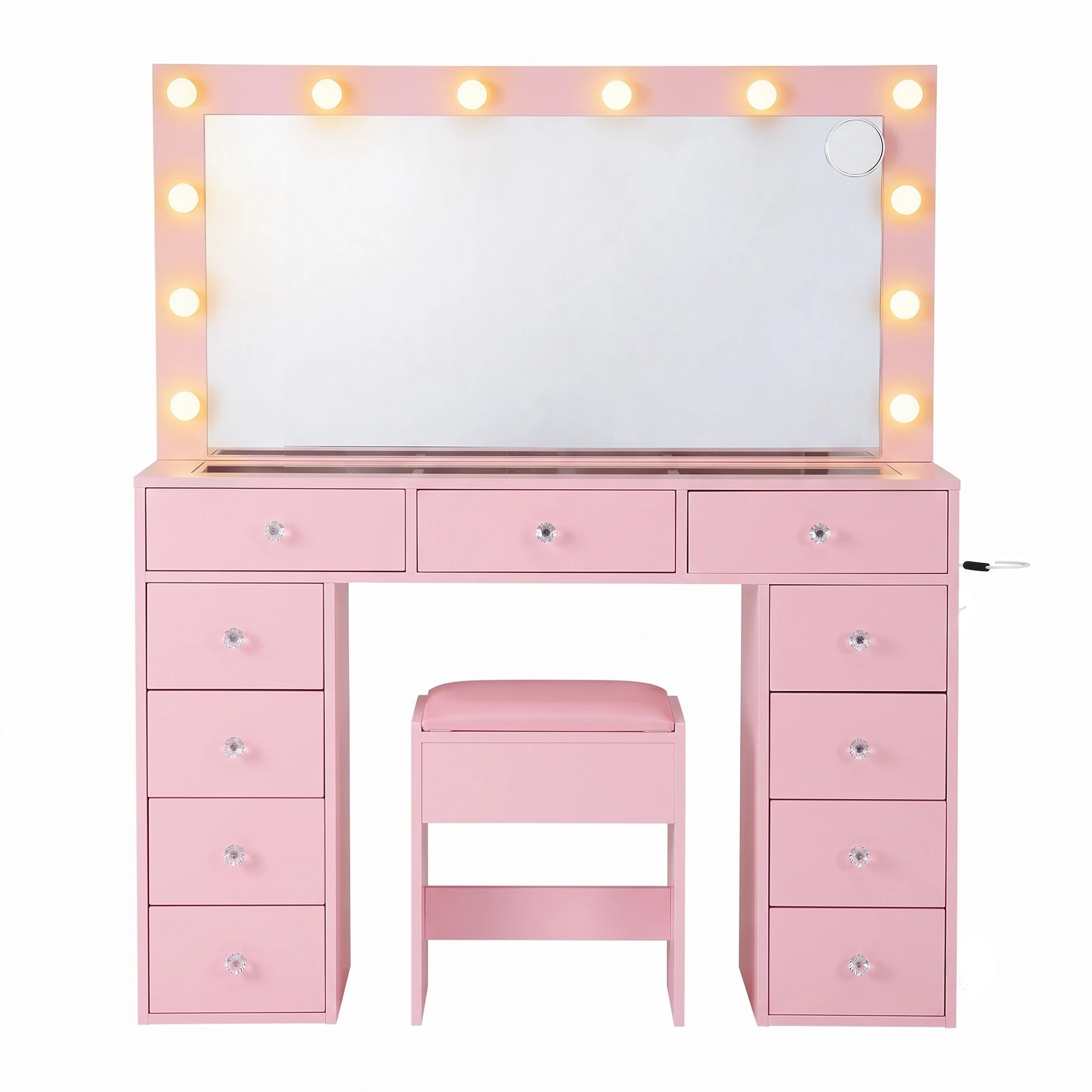 4 Artiss Dressing Table Charging Station LED Vanity Desk Set Stool Glass Top Make up Mirror Storage Drawer - Pink, 4 of 9