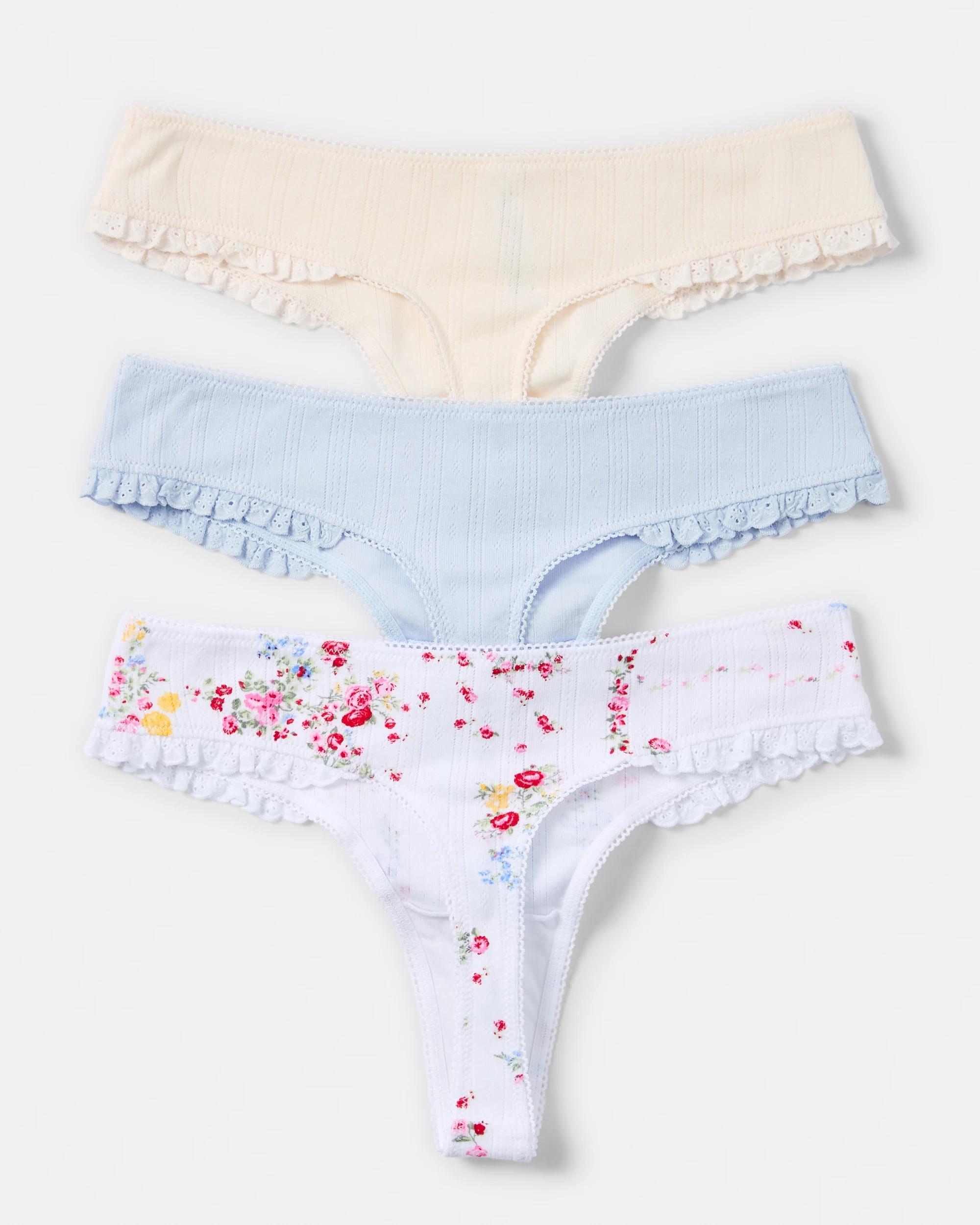 2 3 Pack Pointelle Ruffle G-String Briefs Vint Florl, 2 of 10