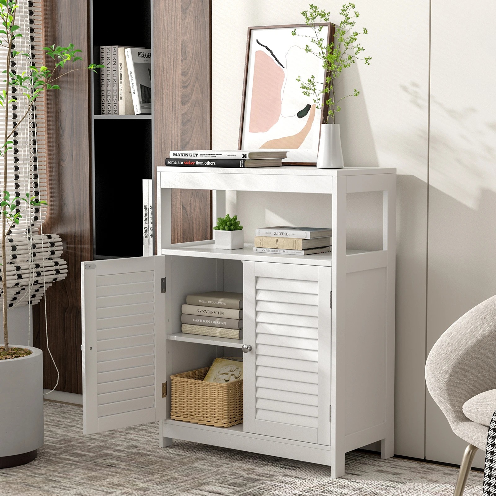 4 Costway Bathroom Storage Cabinet Floor Storage Cupboard w/2 Doors & Open Shelf - White, 4 of 7