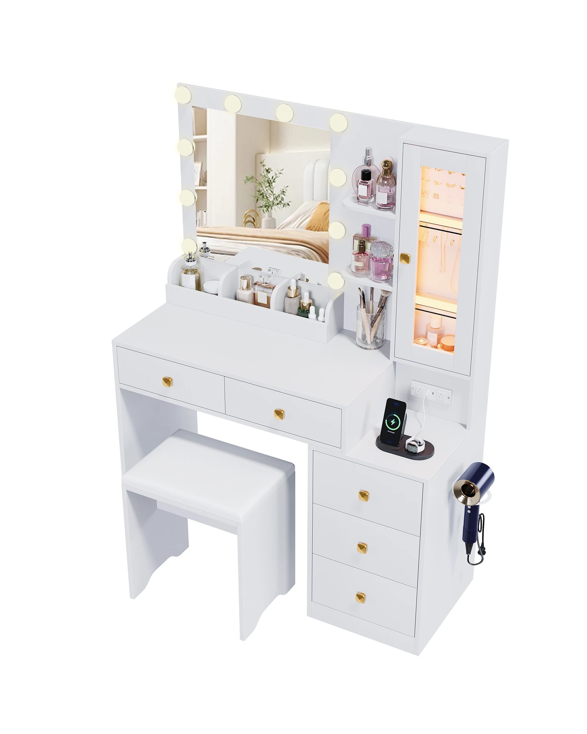 8 Advwin Dressing Table Makeup Mirror Stool Set with Charging Station LED Light - White, 8 of 9