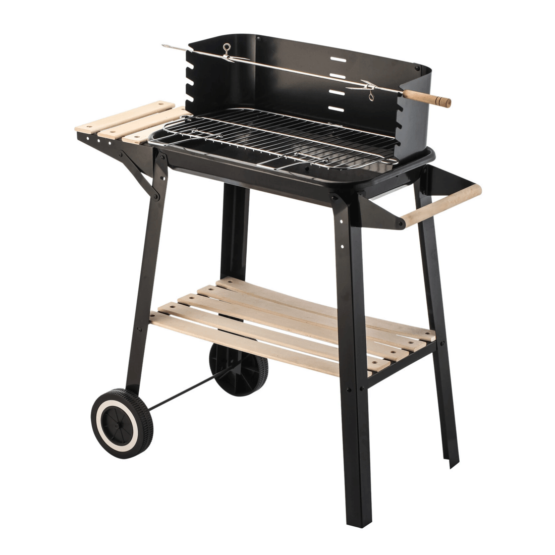 1 Hacienda Charcoal Grill BBQ with Manual Rotisserie Stick on Trolley Stand, 1 of 3