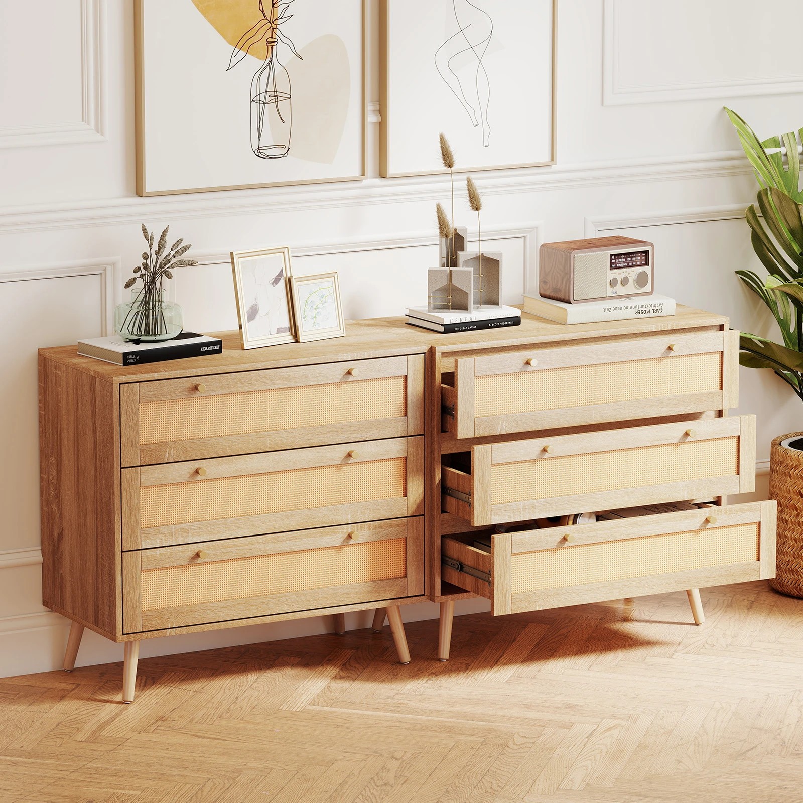 4 Costway 3 Chest of Drawer Rattan Dresser Chest Nightstand Bedside Table Cabinet, 4 of 6