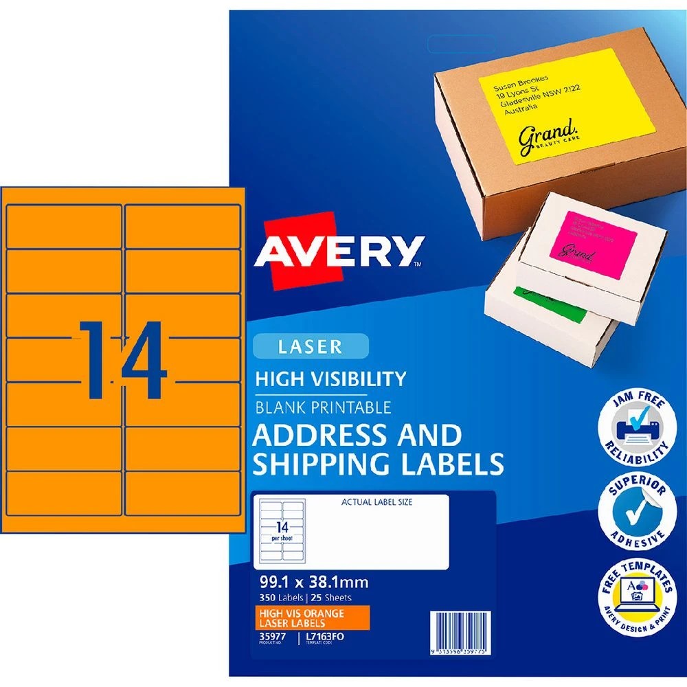 1 Avery 14UP Laser Signalling Labels Fluoro Orange 25 Sheets, 1 of 4