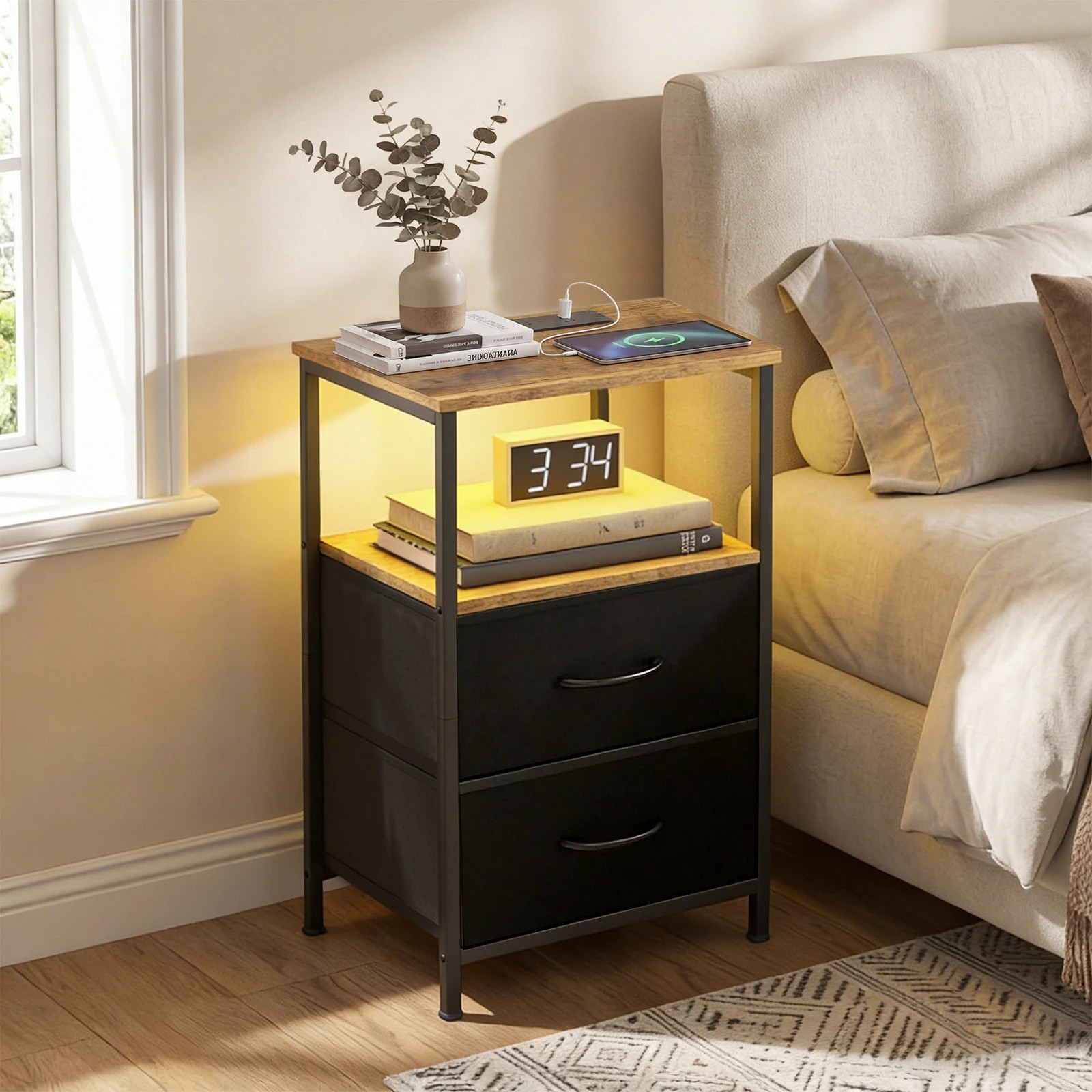 5 Advwin Led Bedside Table with Charging Station 2 Fabric Drawers - Brown, 5 of 6