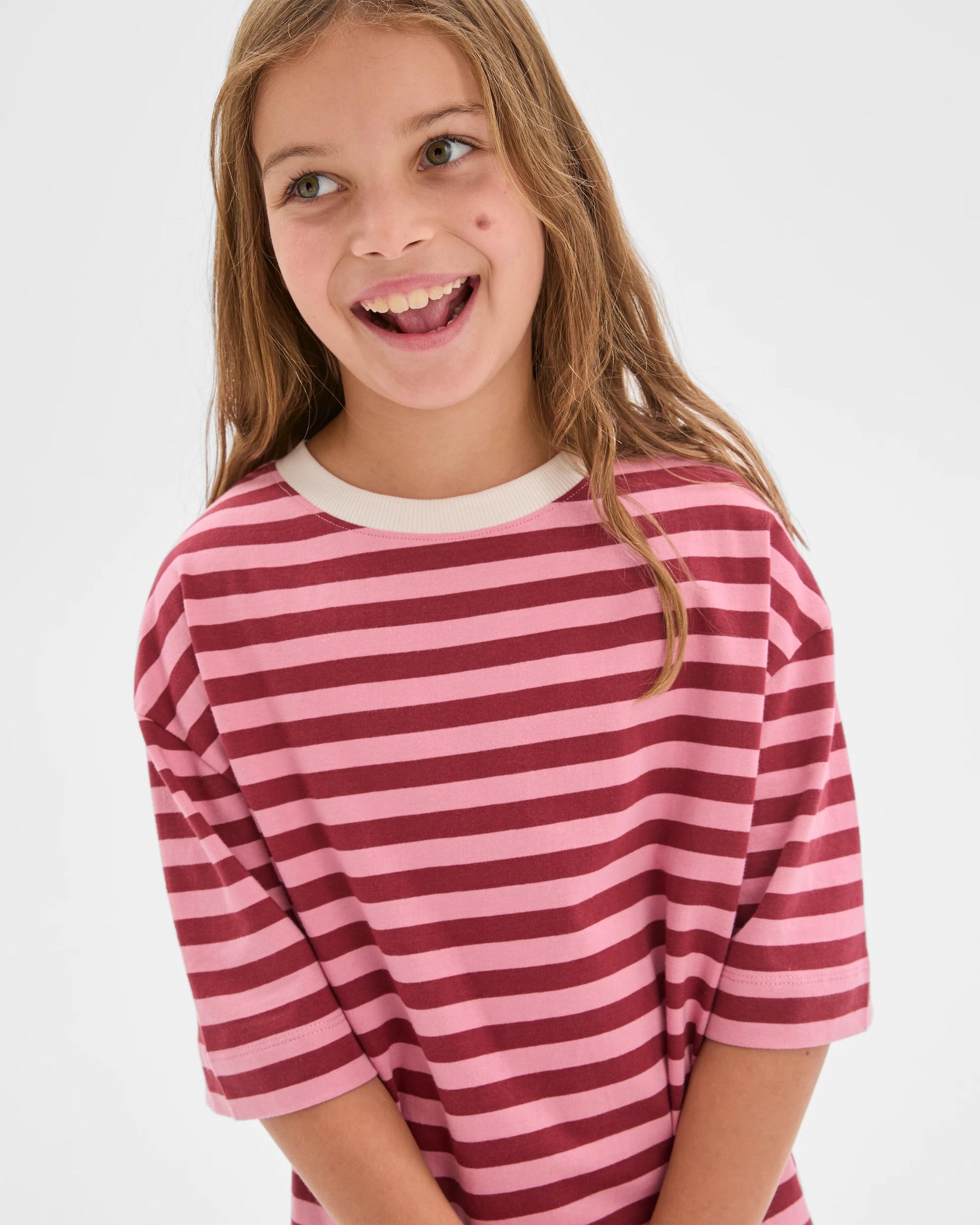 2 Target Kids Australian Cotton Oversized T-Shirt PINK BURGUNDY STRIPE, 2 of 6