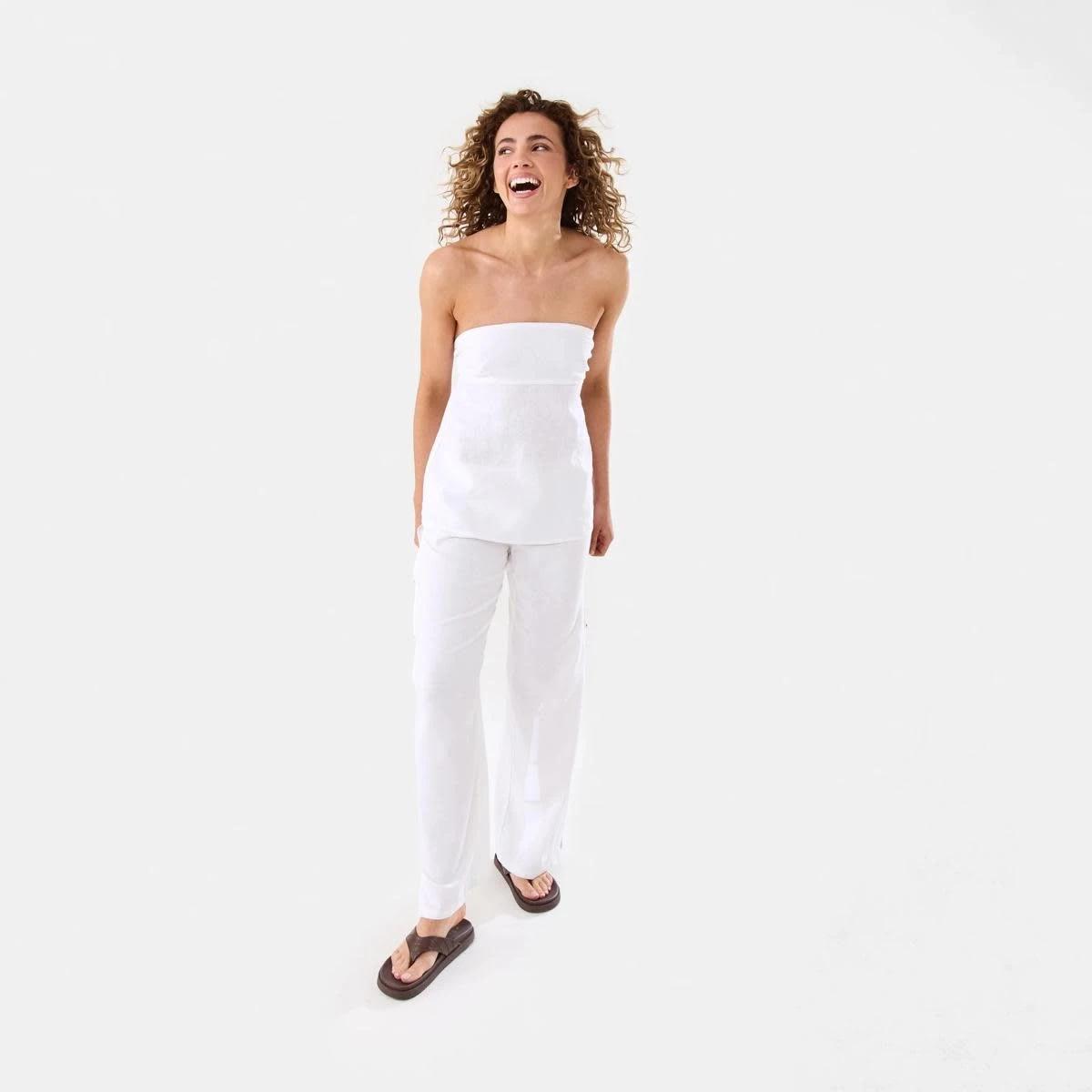 2 Strapless Tie Back Linen Blend Top WHITE, 2 of 10