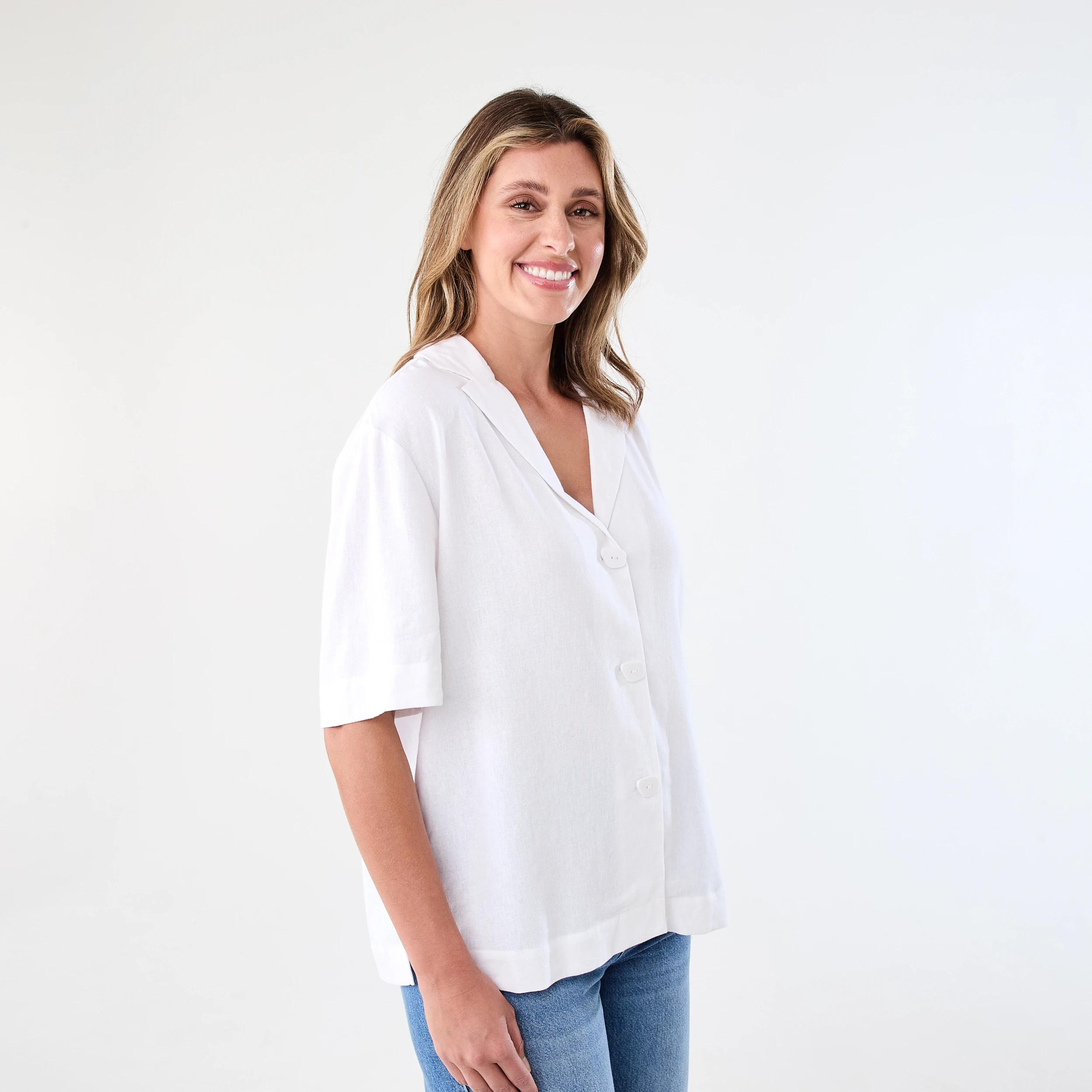 2 Short Sleeve Boxy Linen Blend Shirt WHITE, 2 of 7