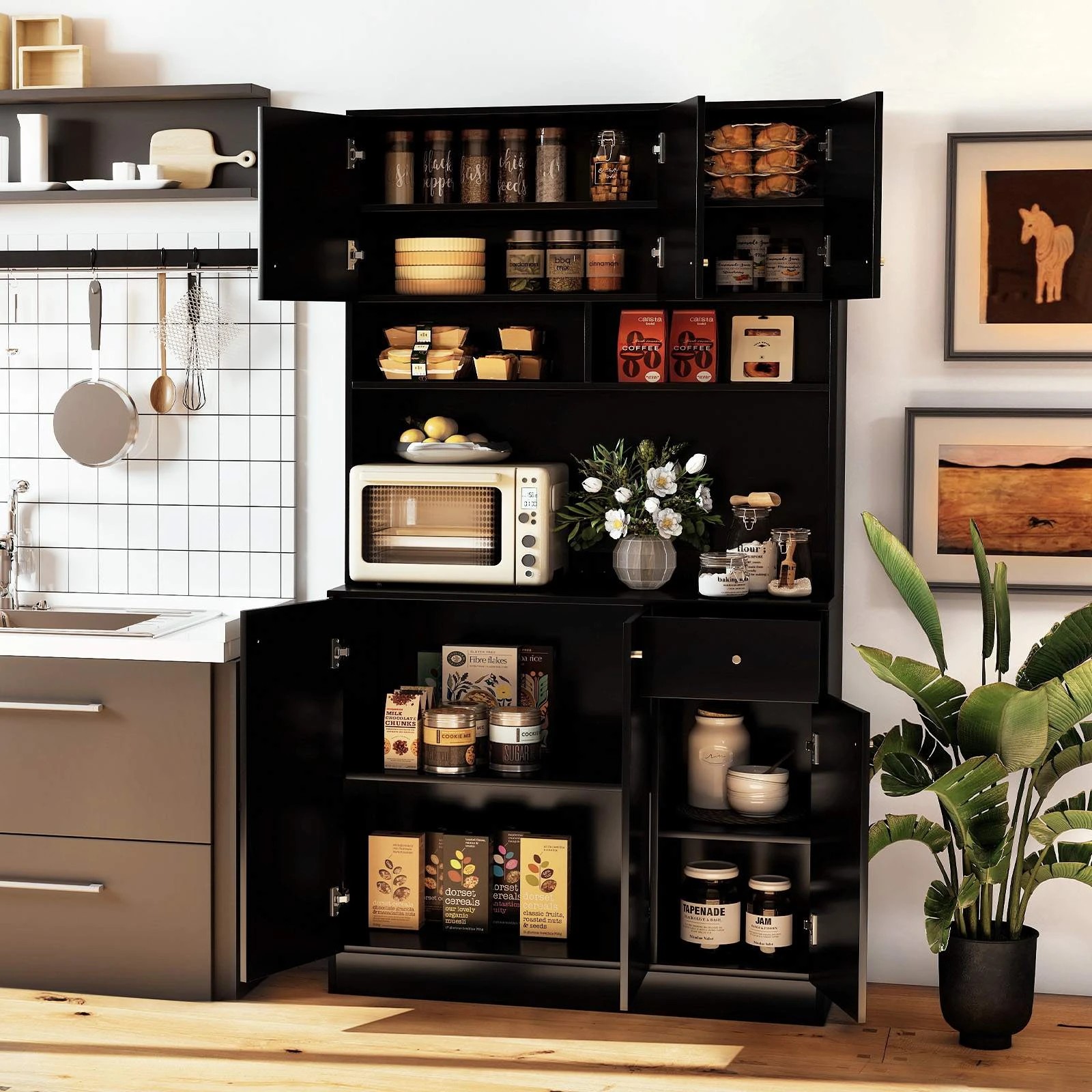 2 Costway Kitchen Cabinet w/Outlets Adjustable Buffet Cupboard - Black, 2 of 3