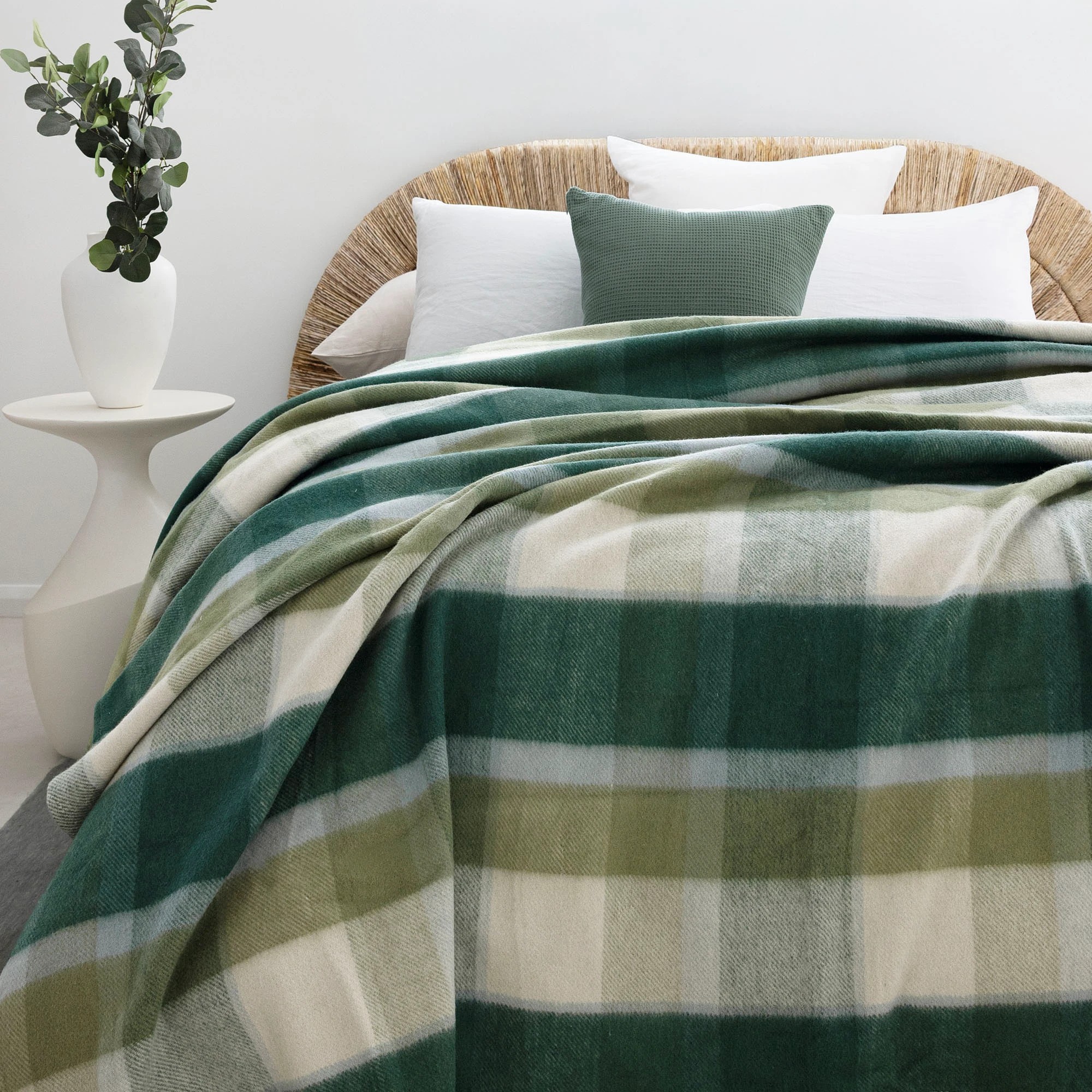 1 Bambury Nolan Soft Check Blanket 50/50 Wool Bamboo 350gsm blend Forest - Double/Queen - Green, 1 of 2