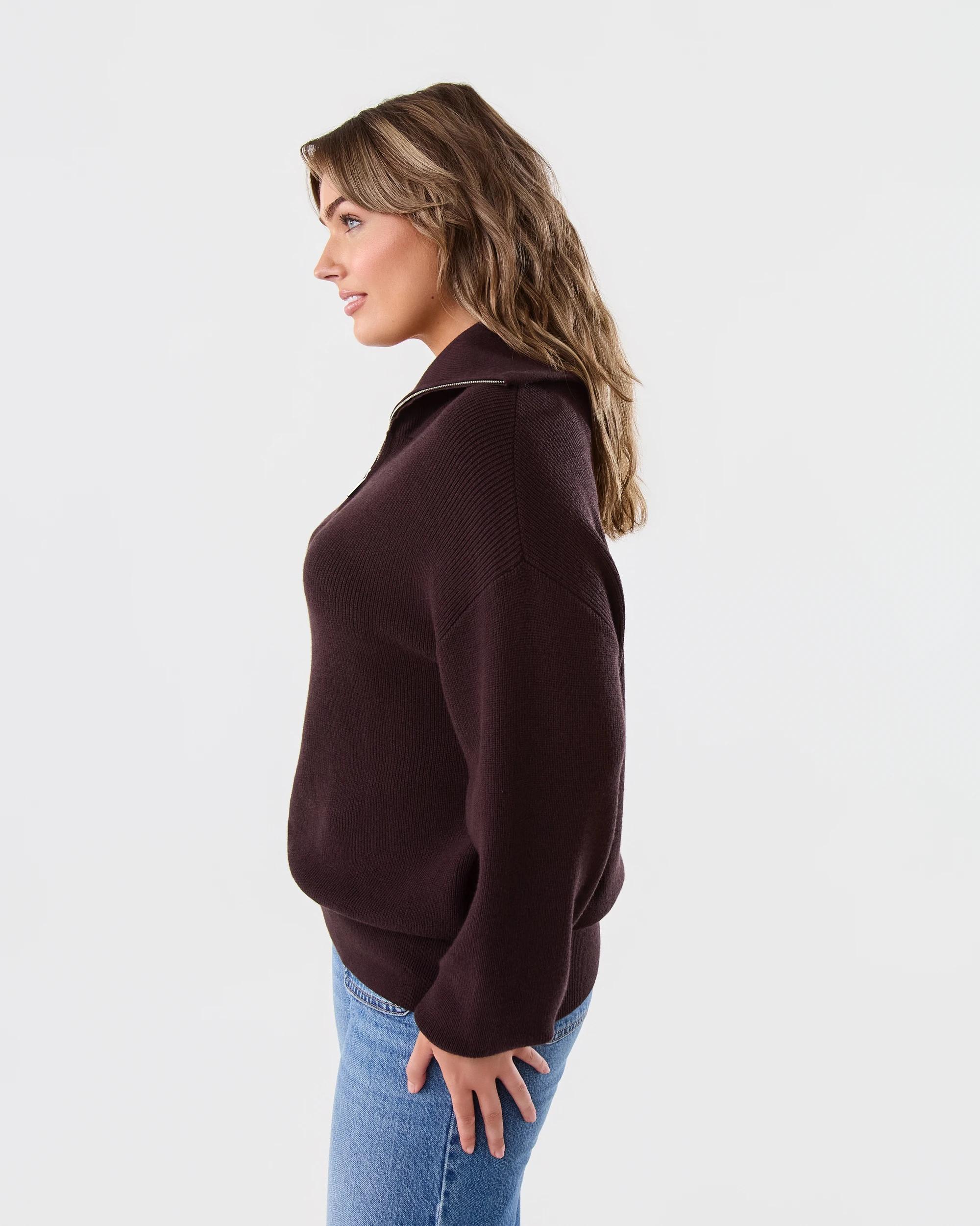 2 Ribbed Zip Through Jumper Choc Plum, 2 of 5
