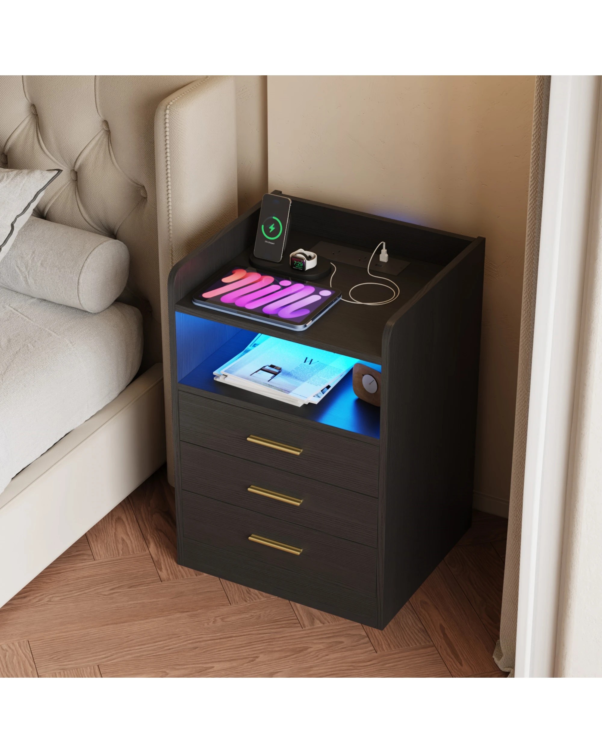 2 Advwin Bedside Table Set of 2 RGB LED Nightstand Charging Station 3 Drawers Cabinet - Black, 2 of 3