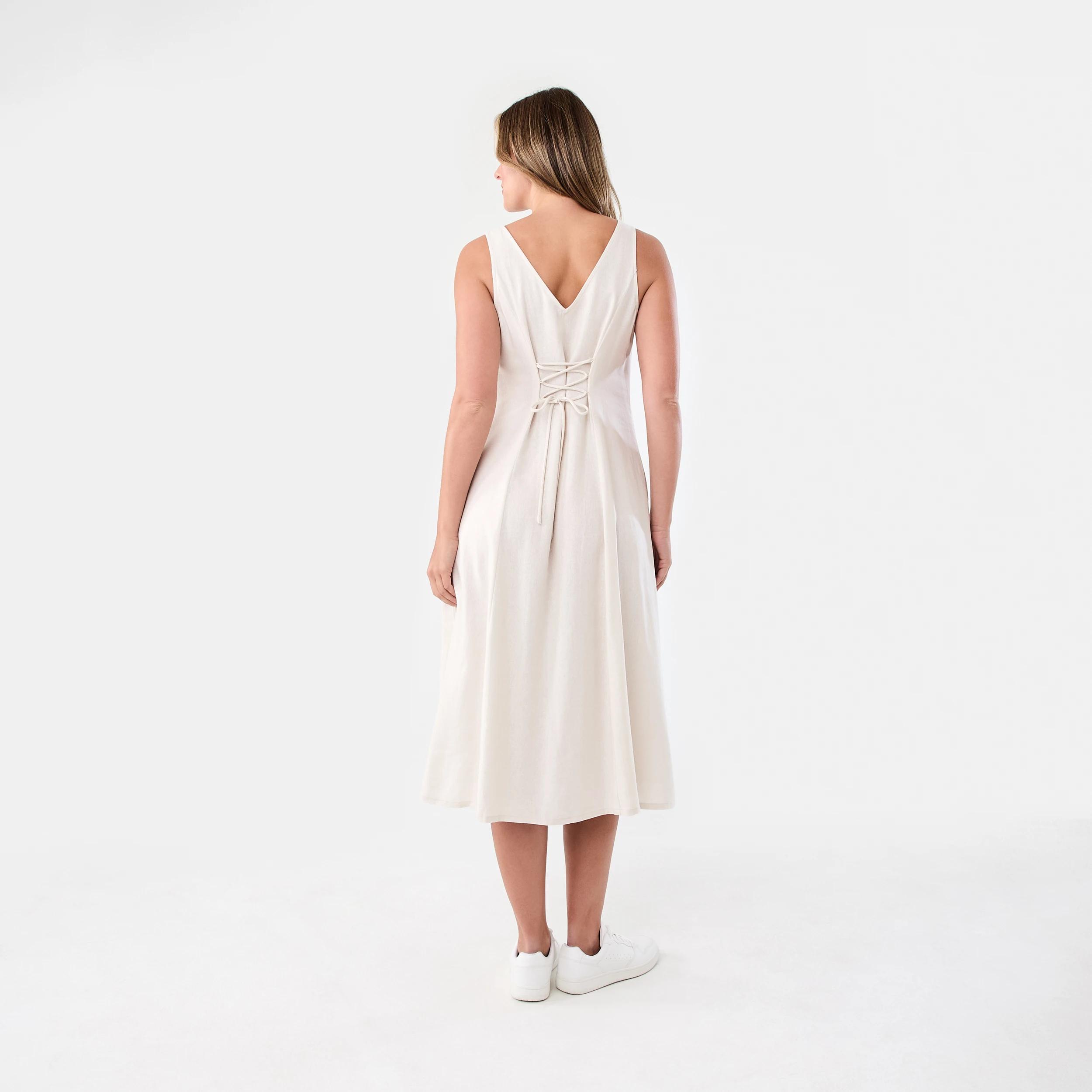 3 Sleeveless Button Front Linen Blend Midi Dress Nat Beige, 3 of 9