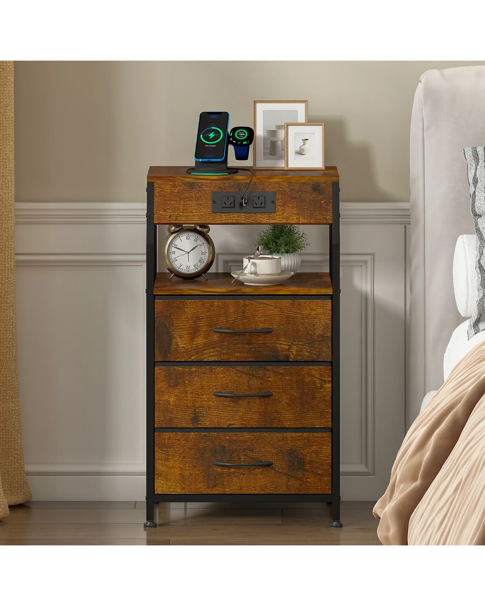 4 Advwin Bedside Table with Charging Station 3 Fabric Drawers - Brown, 4 of 7