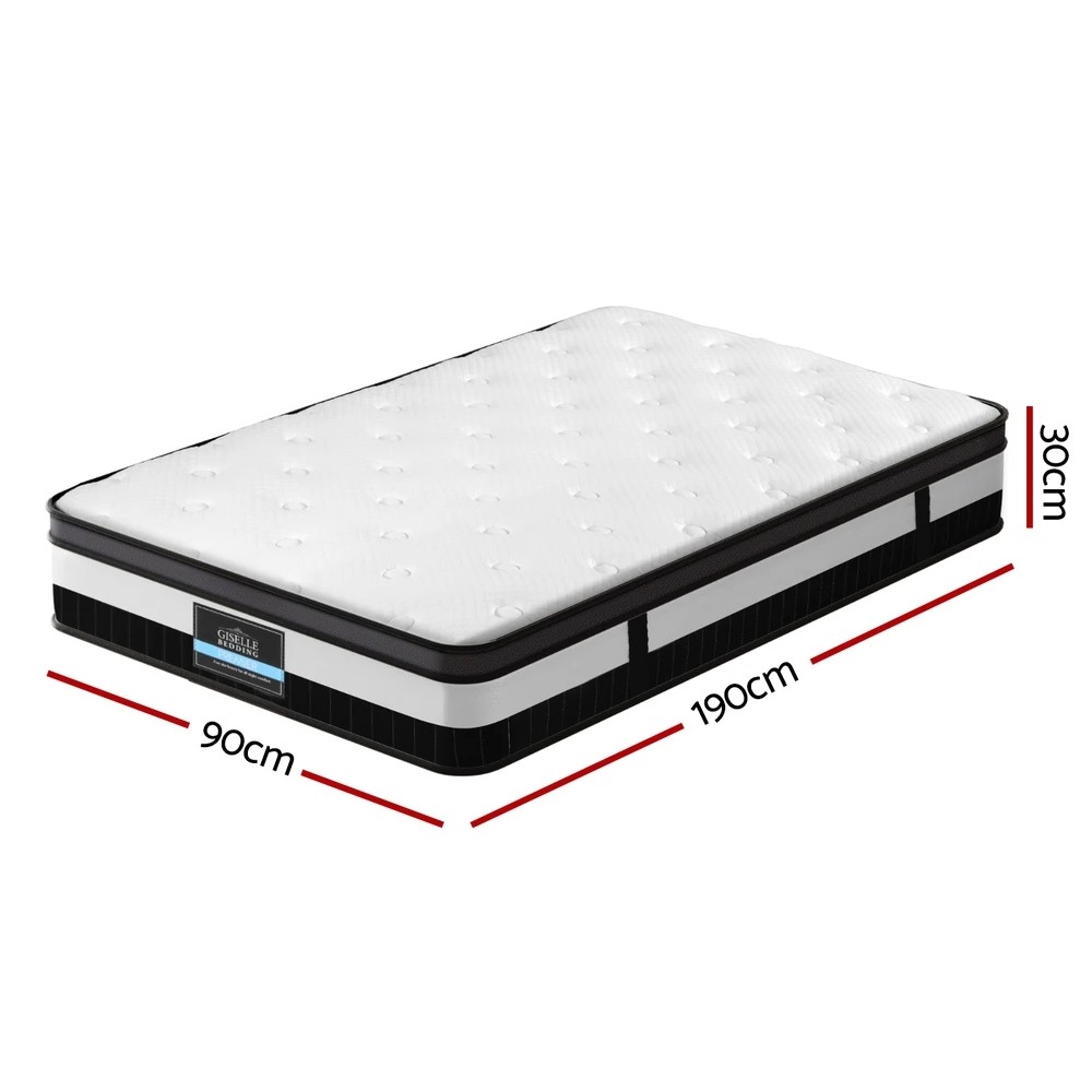 2 Giselle Bedding 30cm Mattress Medium Firm Euro Top Pocket Spring Hybrid Mattresses Single - Single Bed - White, 2 of 7