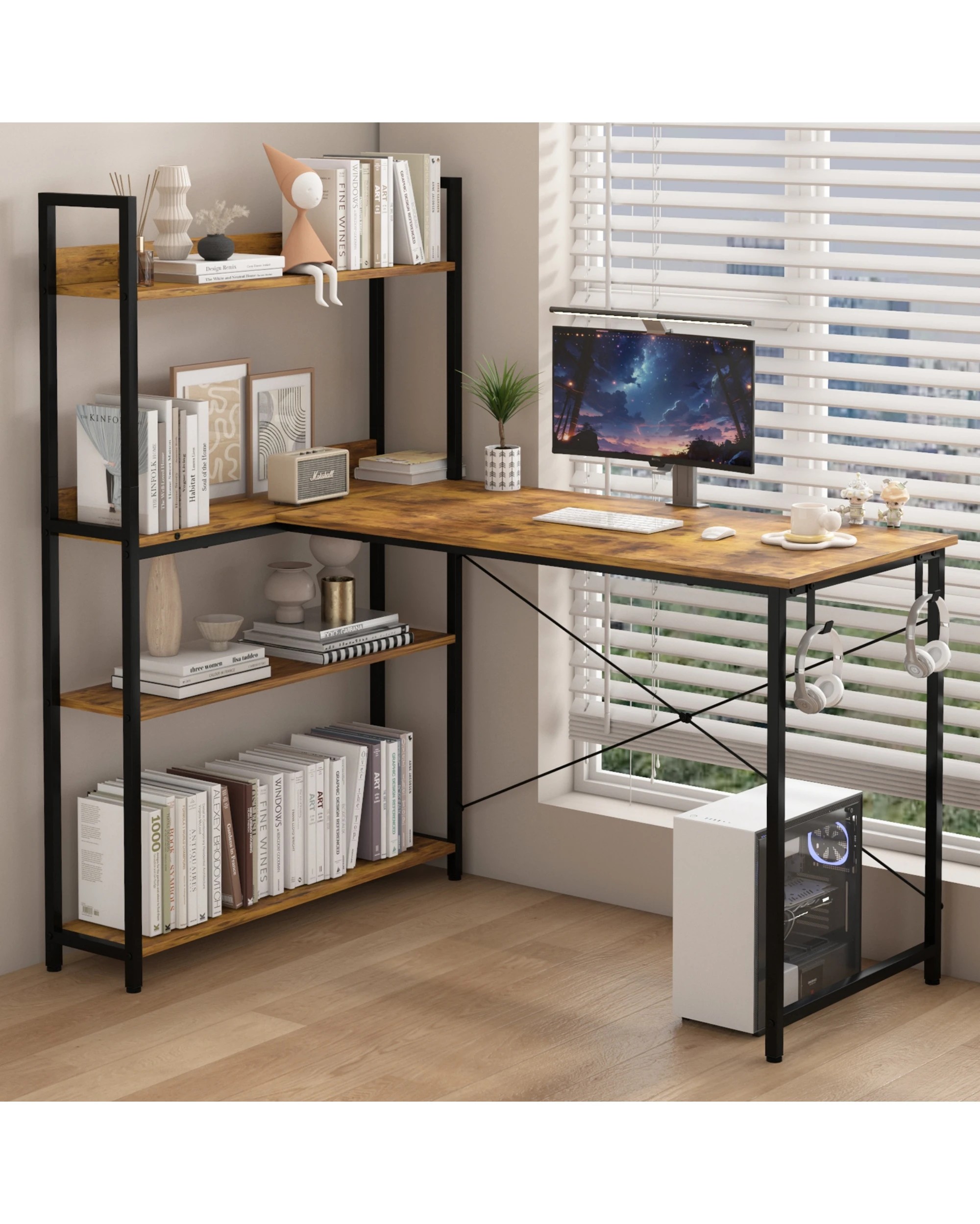 8 Advwin 110cm L Shaped Computer Desk With Reversible Storage Shelves Corner Desk  Walnut, 8 of 9