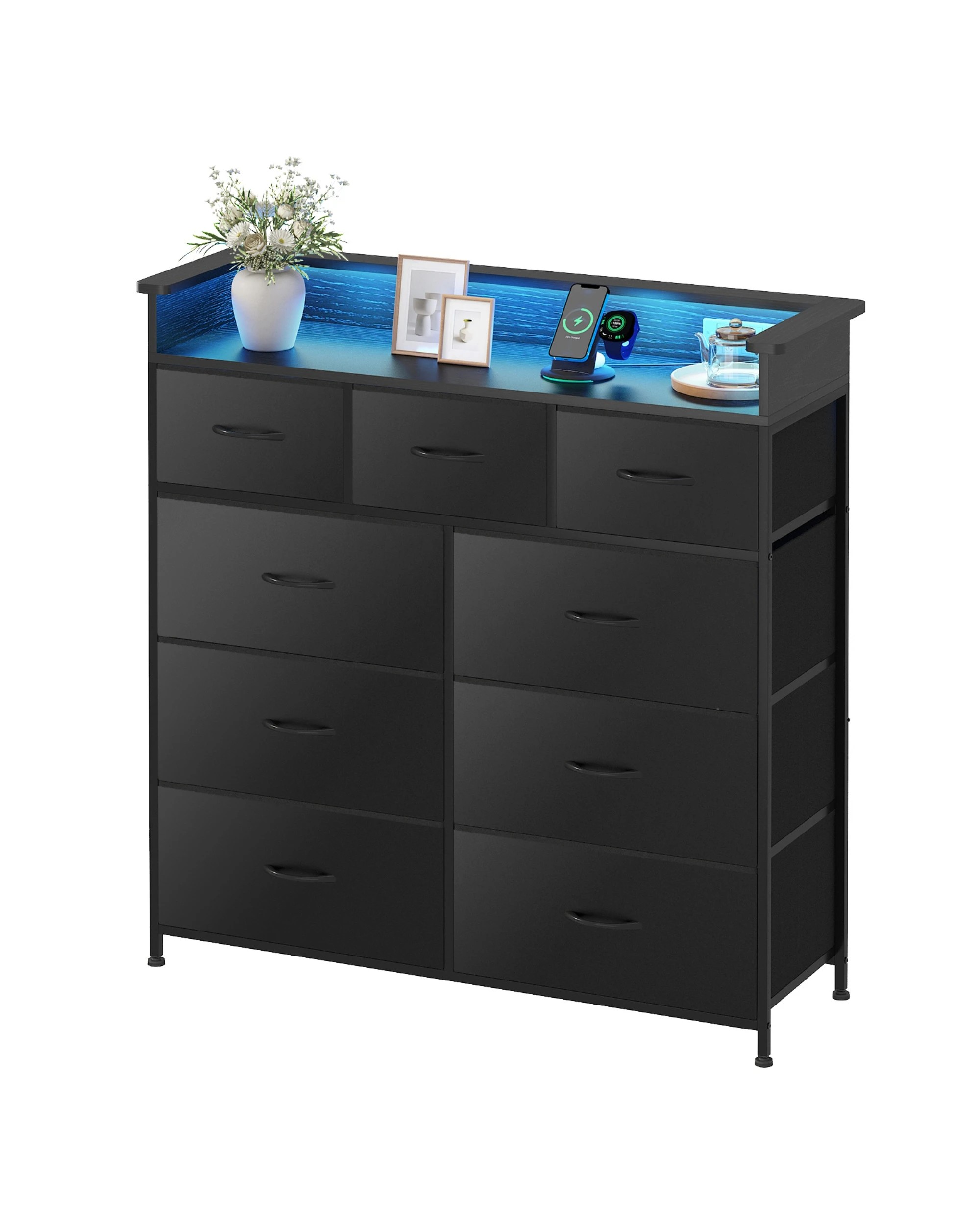 6 Advwin 9 Drawers Dresser with Open Shelf Storage Charging Station & LED Lights - Black, 6 of 8