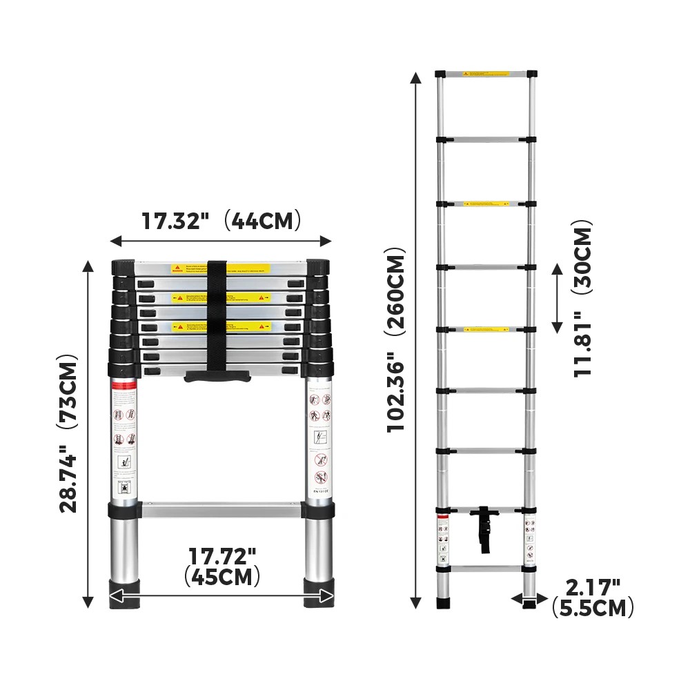 2 ZUNI 2.6M Telescopic Aluminium Ladder 150kg Load Height Locking Extension Step - Multi, 2 of 3