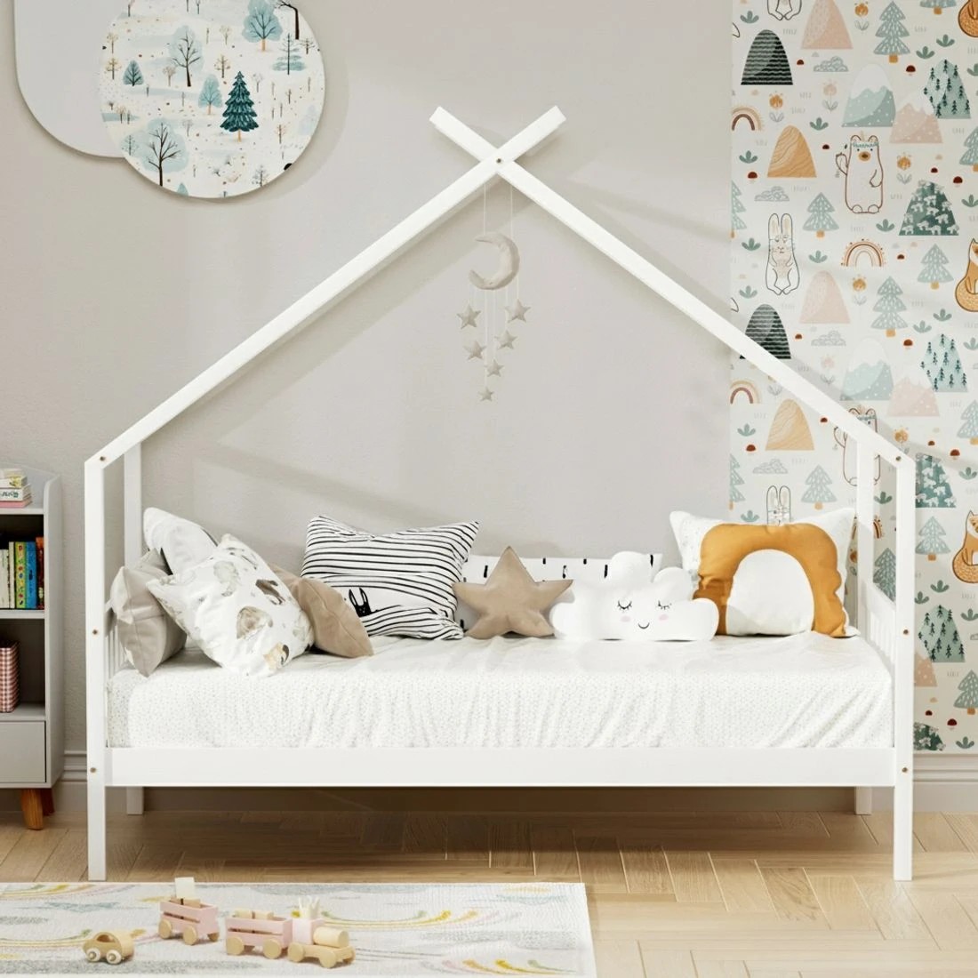 6 Artiss Bed Frame Wooden Base Kids Single Timber House Beds - White, 6 of 10