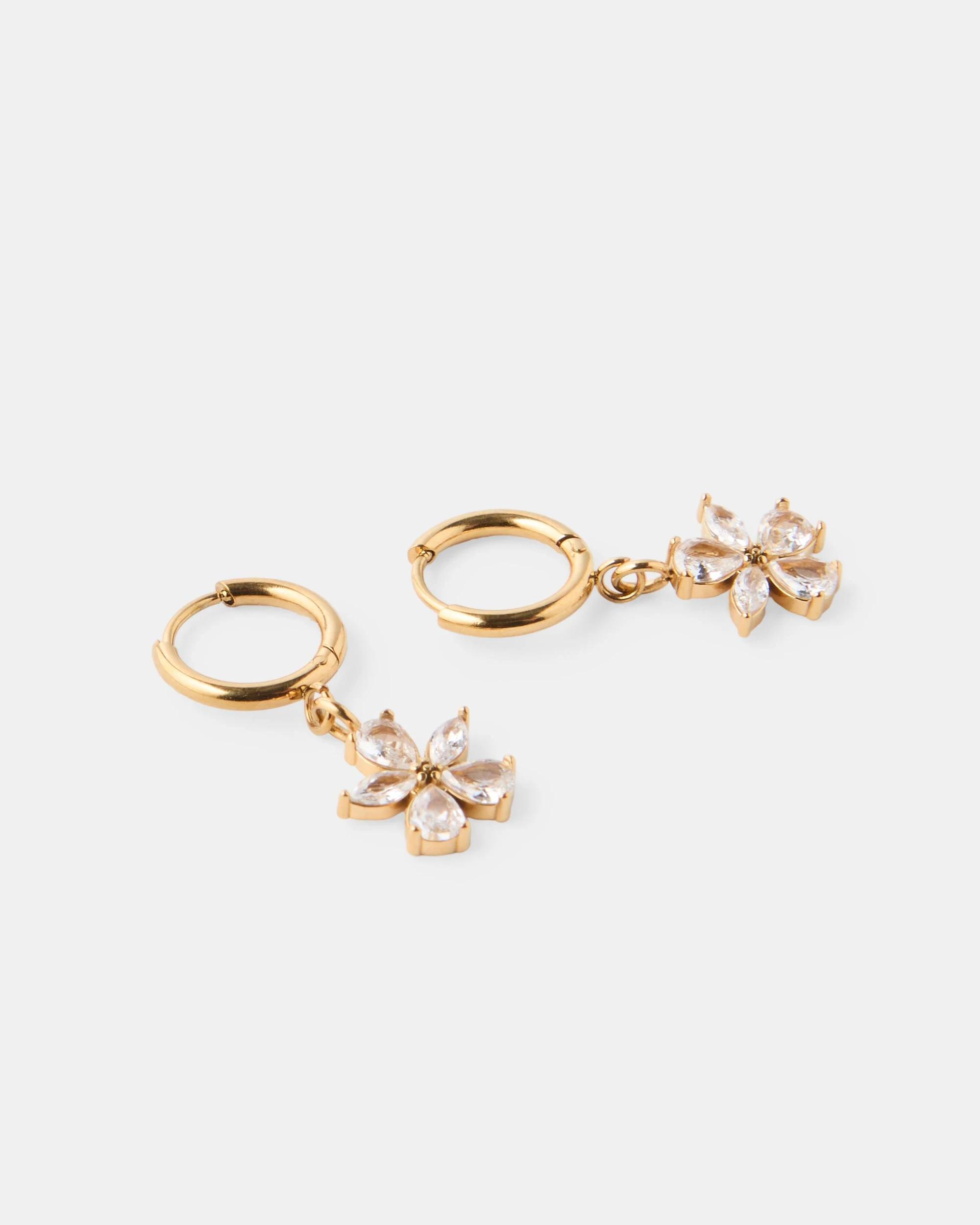 3 Waterproof Stainless Steel Flower Hoop Earrings - Gold Tone Gold, 3 of 4