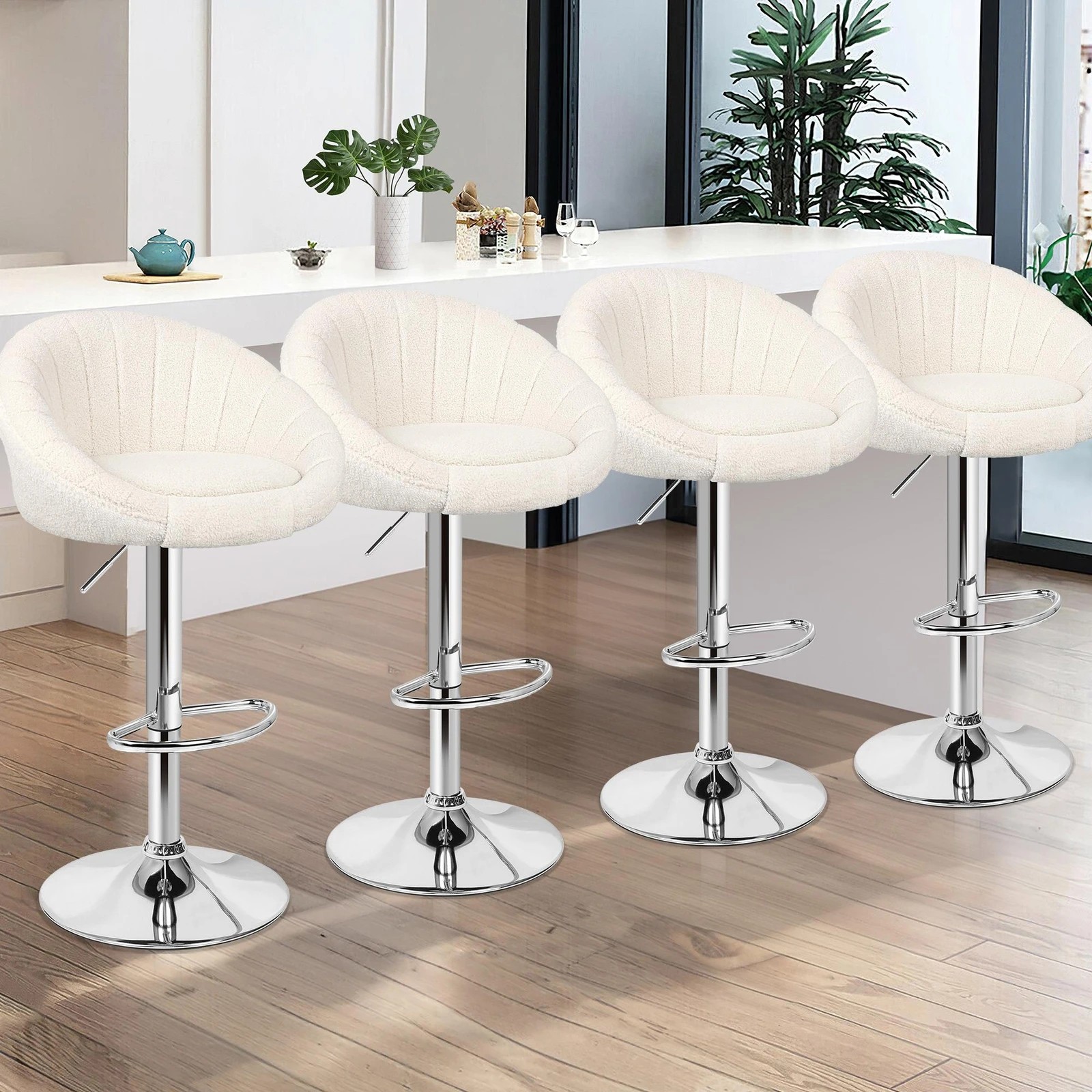 2 Alfordson 4x Bar Stools Gas Lift Sherpa Bar Chairs Kitchen Swivel - Beige, 2 of 10