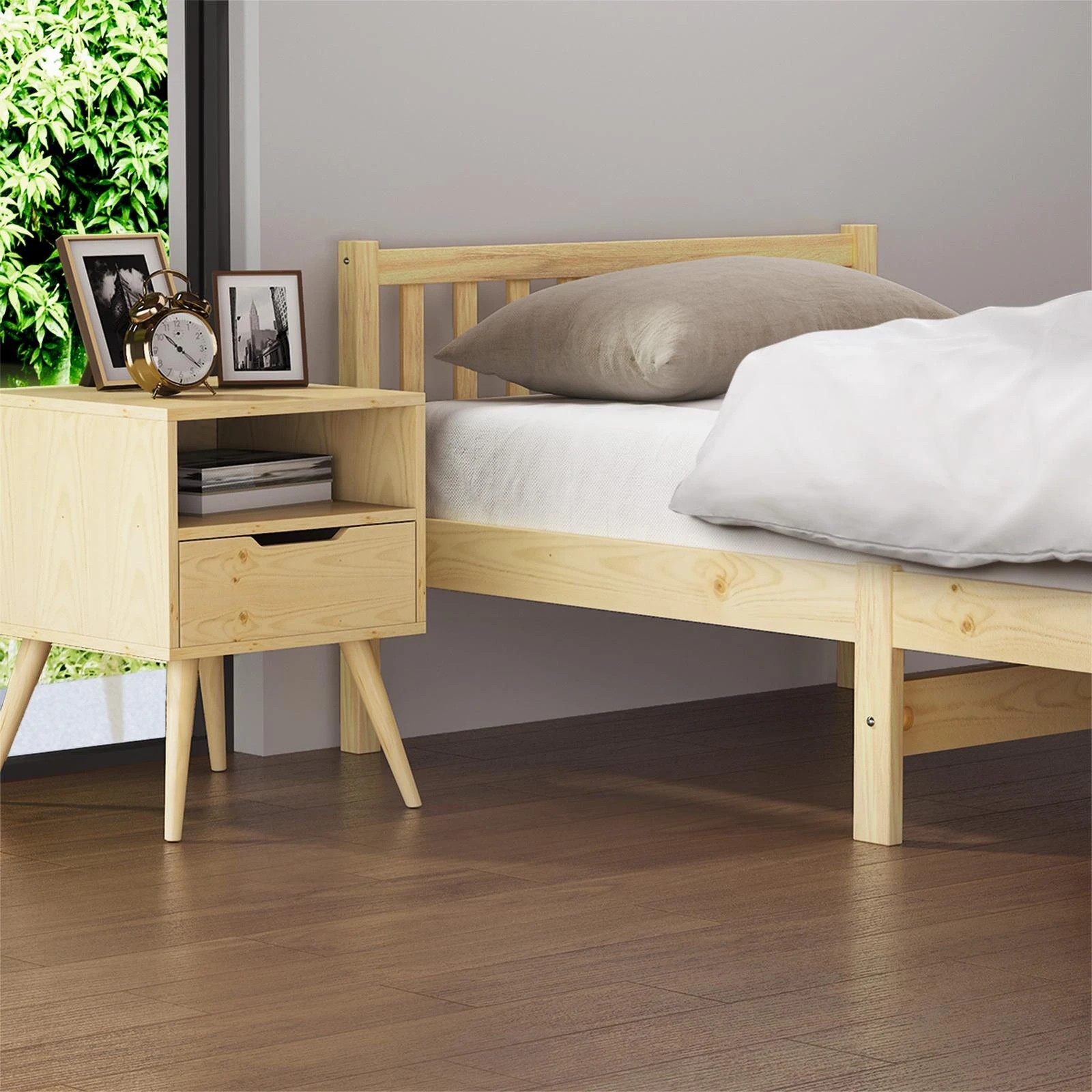 4 Oikiture Bed Frame King Single Size Wood Timber Base Platform Headboard
 - Natural, 4 of 10