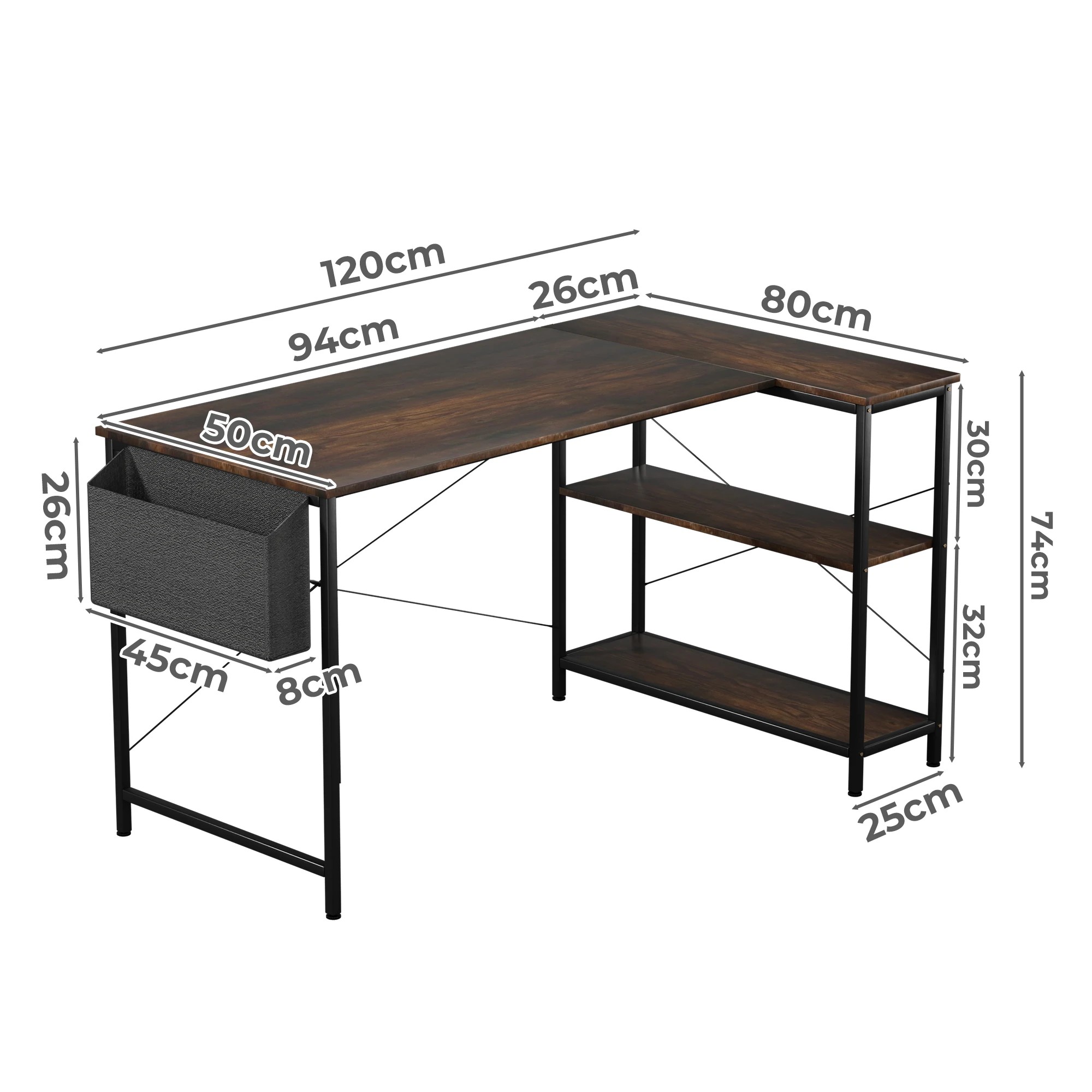 3 Levede L Shaped 120cm Computer Desk - Brown, 3 of 9