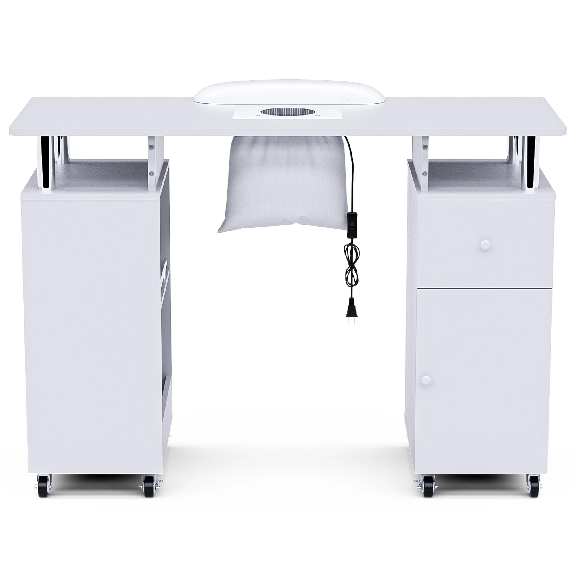 1 Advwin Manicure Table Vanity Desk for Nail Tech with Dust Collector Wrist Rest Lockable Wheels - White, 1 of 9