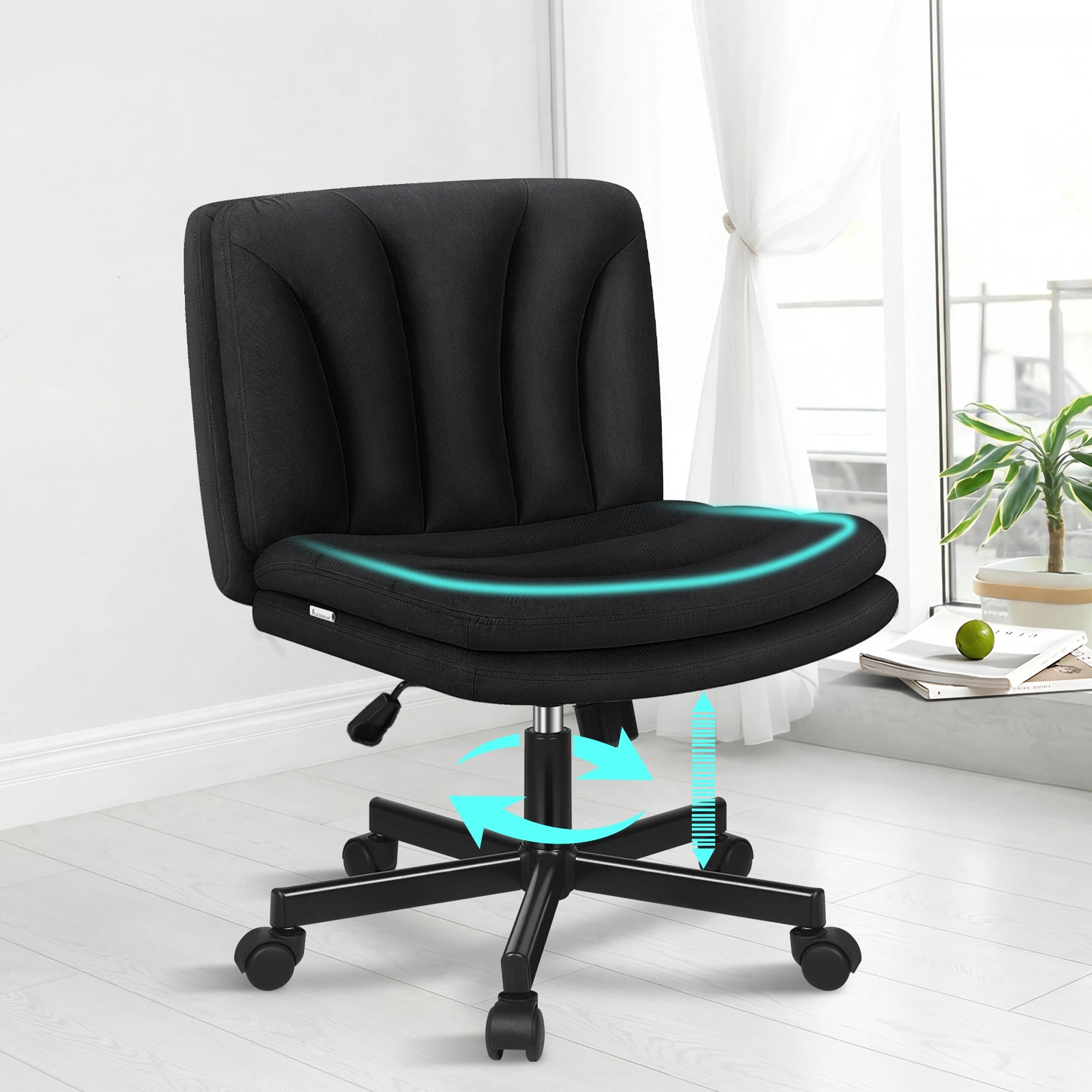 3 Alfordson Armless Office Desk Chair Mid Back Wide Seat w/ Wheels Fabric - Black, 3 of 8