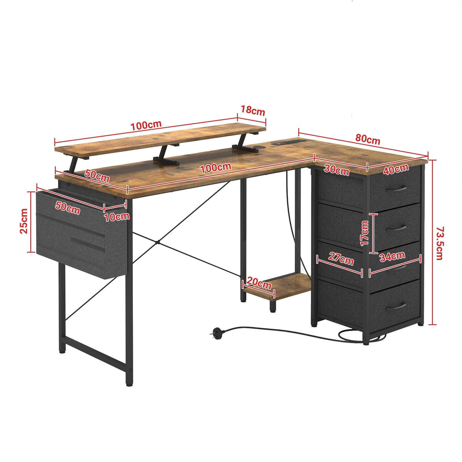 9 Advwin 140cm Walnut L Shaped Computer Desk With Led Lights & Power Outlets, 9 of 9