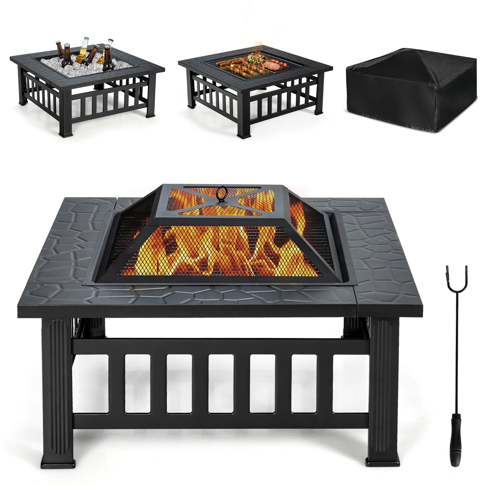 1 Costway 3 in 1 Outdoor Fire Pit Table Patio BBQ Grill Wood Burning Fireplace - Black, 1 of 2