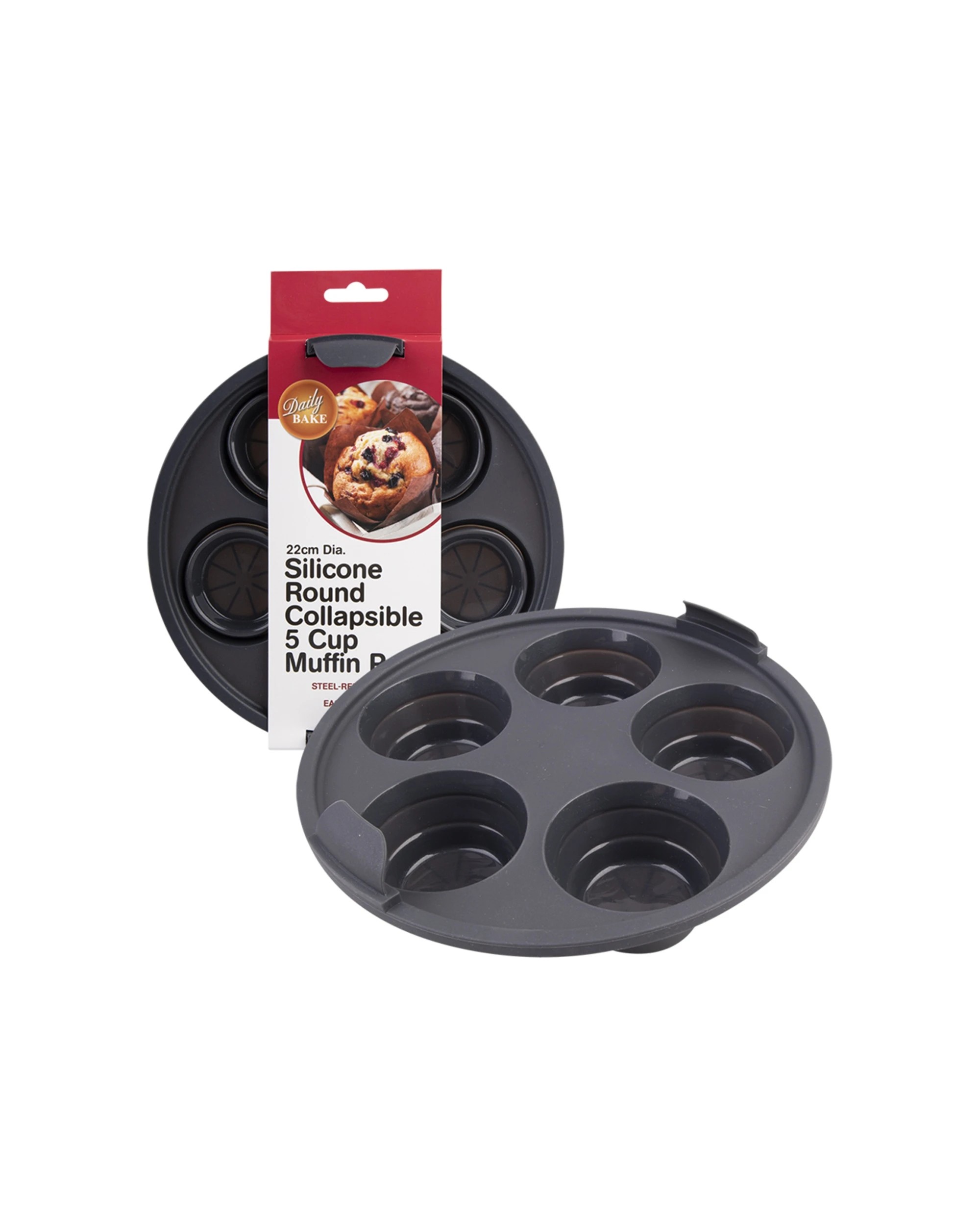 1 Daily Bake Collapsible 22cm Silicone 5-Cup Muffin Pan Round Non-Stick Oven - Grey, 1 of 6
