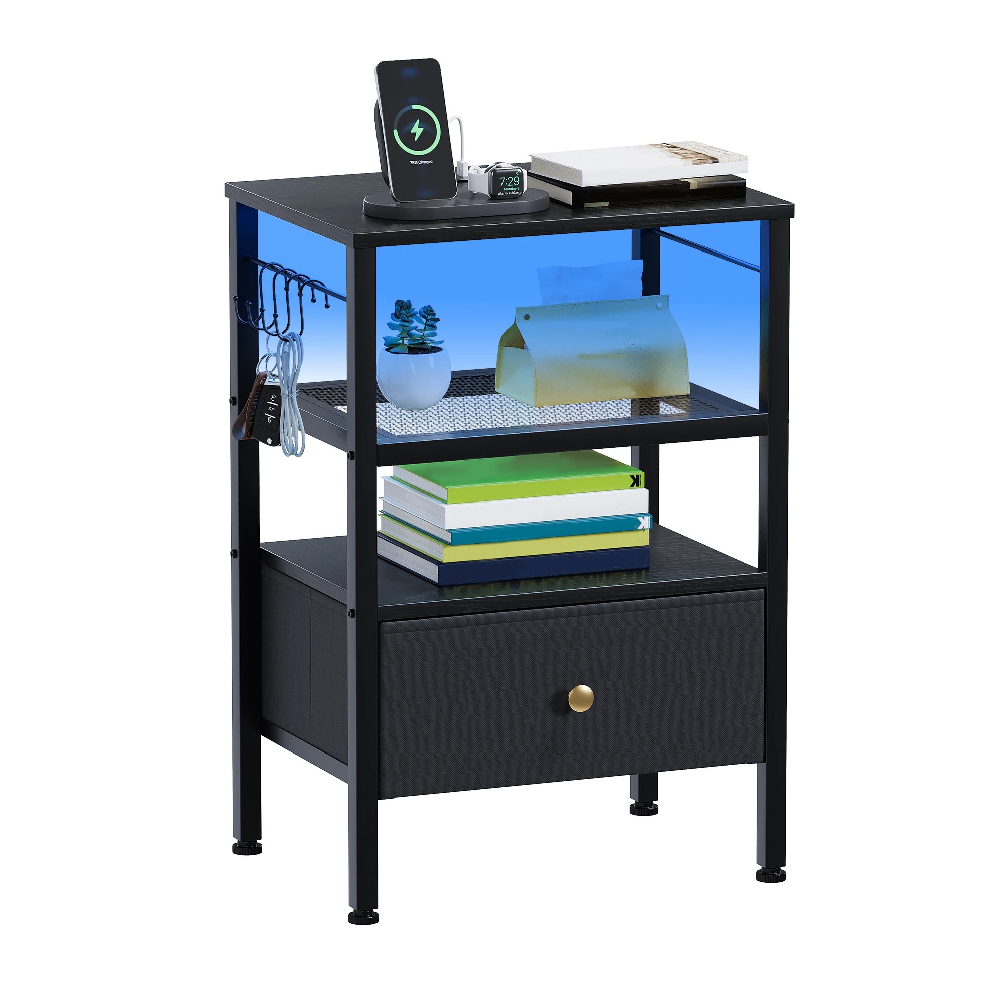 1 Advwin Bedside Table with Fabric Drawer Charging Station LED Lights - Black, 1 of 5