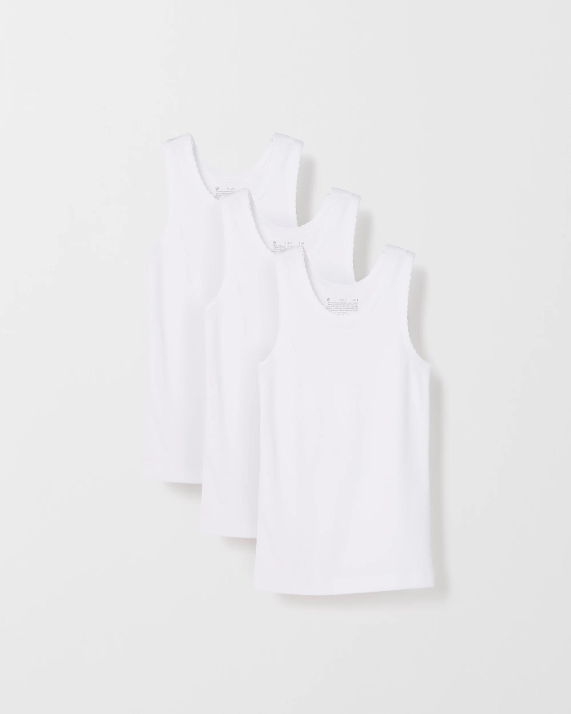 1 Target Kids Australian Cotton 3 Pack Younger Girls Vest WHITE, 1 of 3
