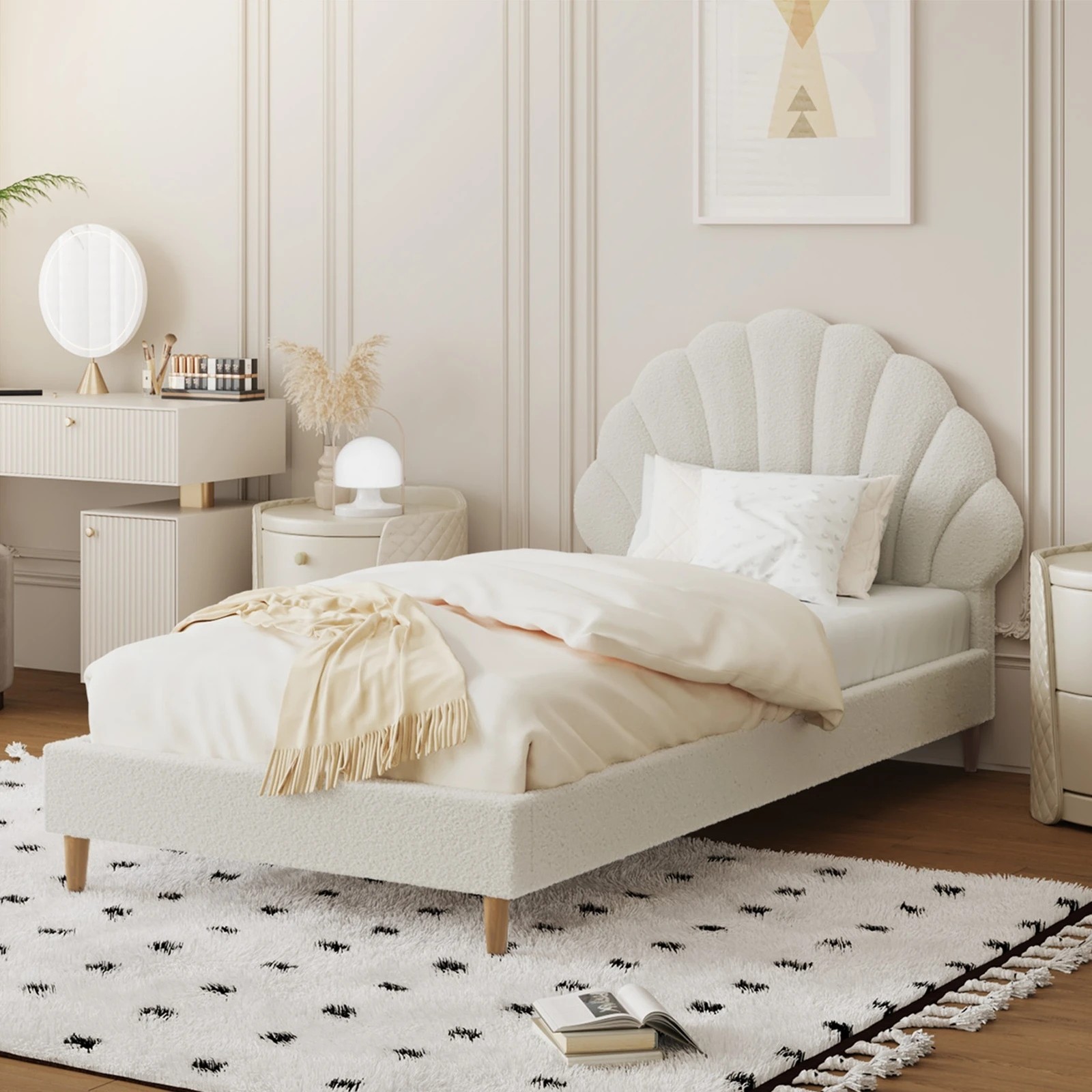 7 Oikiture Single Bed Frame Scallop-shape Bedhead Boucle
 - White, 7 of 10