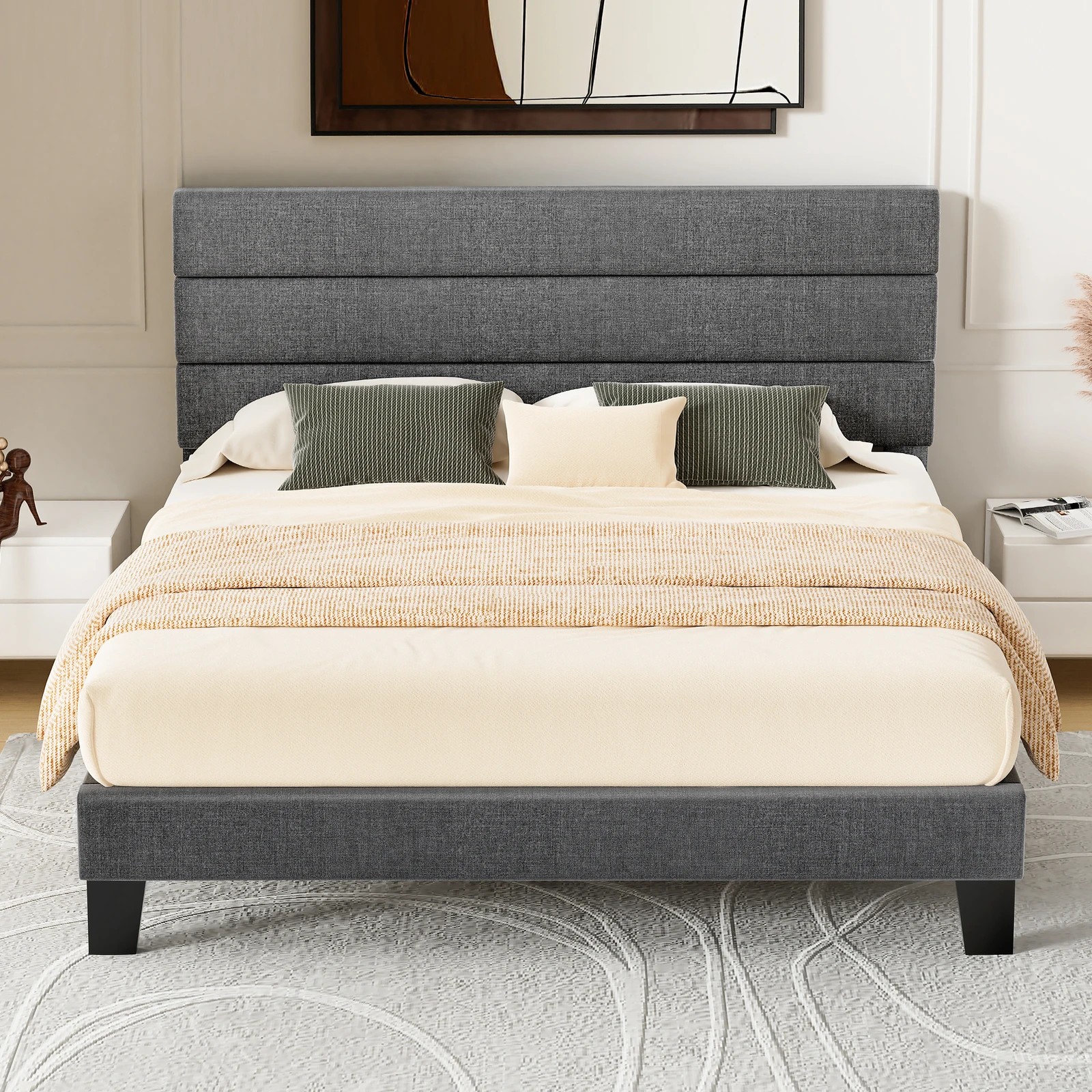 3 Alfordson Bed Frame Queen Size Upholstered Platform Fabric Harlene - Grey, 3 of 10