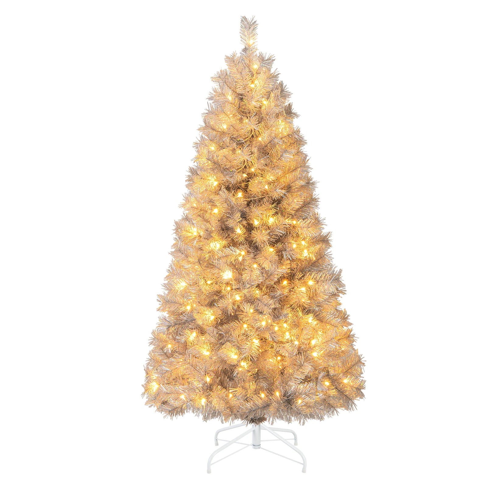 1 Costway 150cm Christmas Tree Silver Tinsel Leaves Hinged Decoration Tree 170 LEDs, 1 of 3