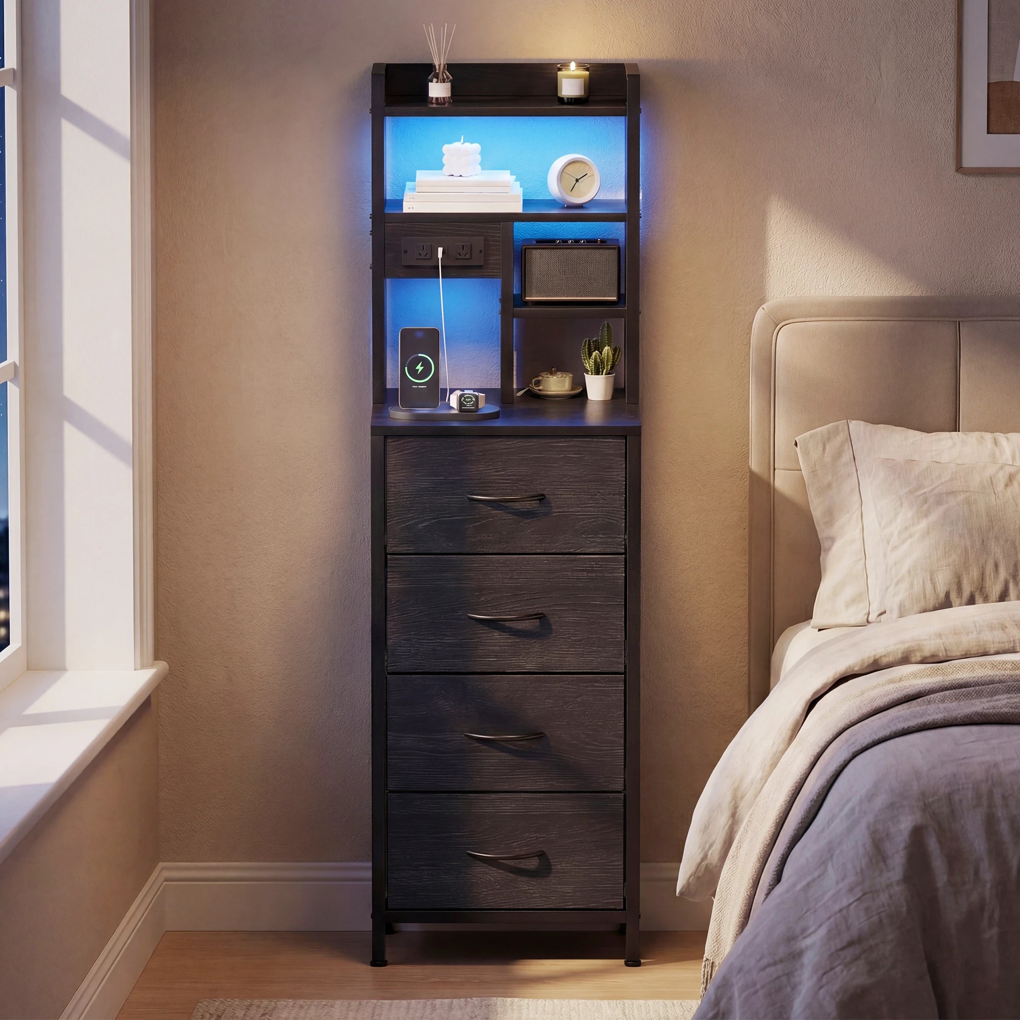 6 Advwin LED Tall Bedside Table with Charging Station 4 Drawers Open Shelves - Black, 6 of 9
