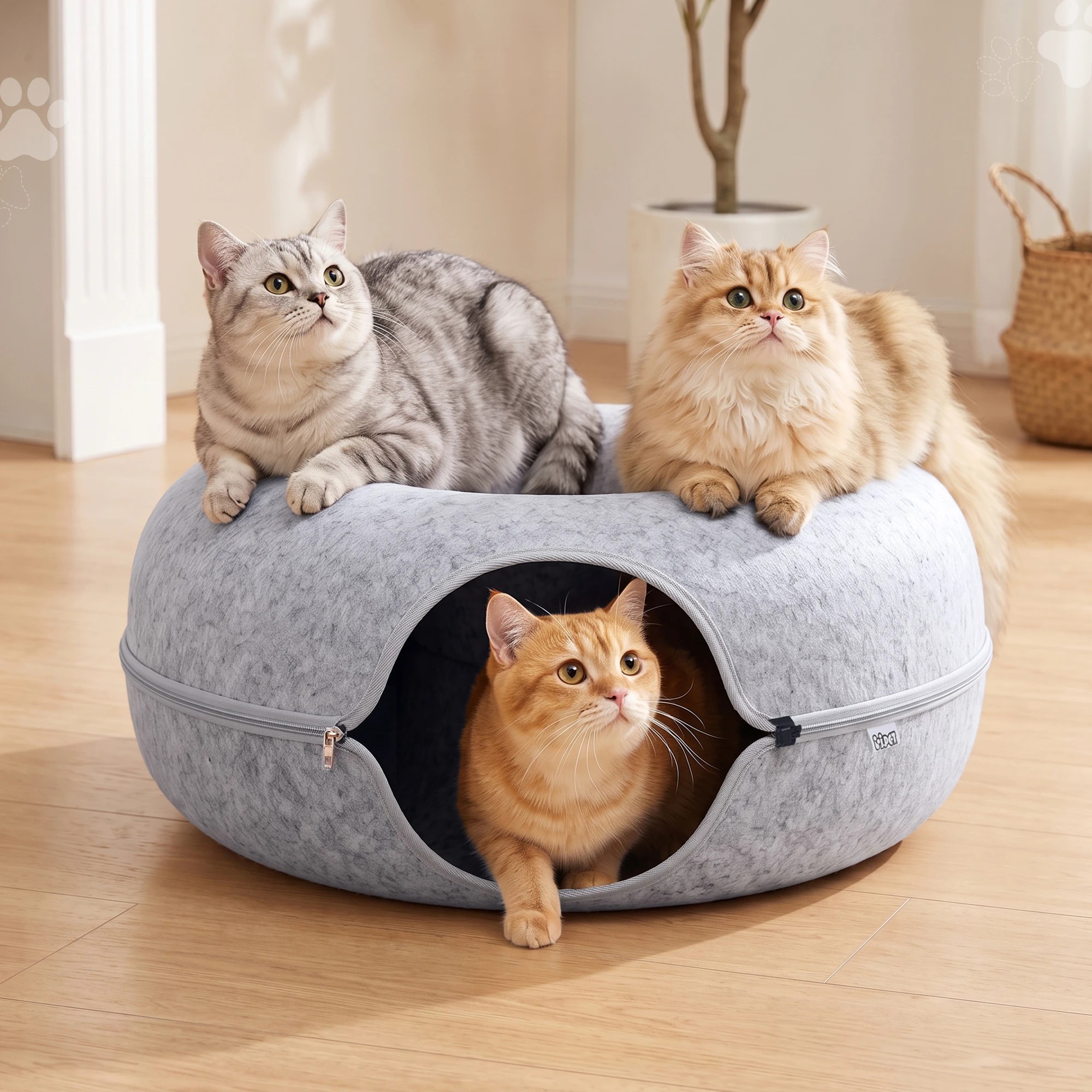 4 i.Pet Cat Bed with Cat Tunnel 60x28CM Donut Bed Felt Cave Hideaway Detachable - Grey, 4 of 8