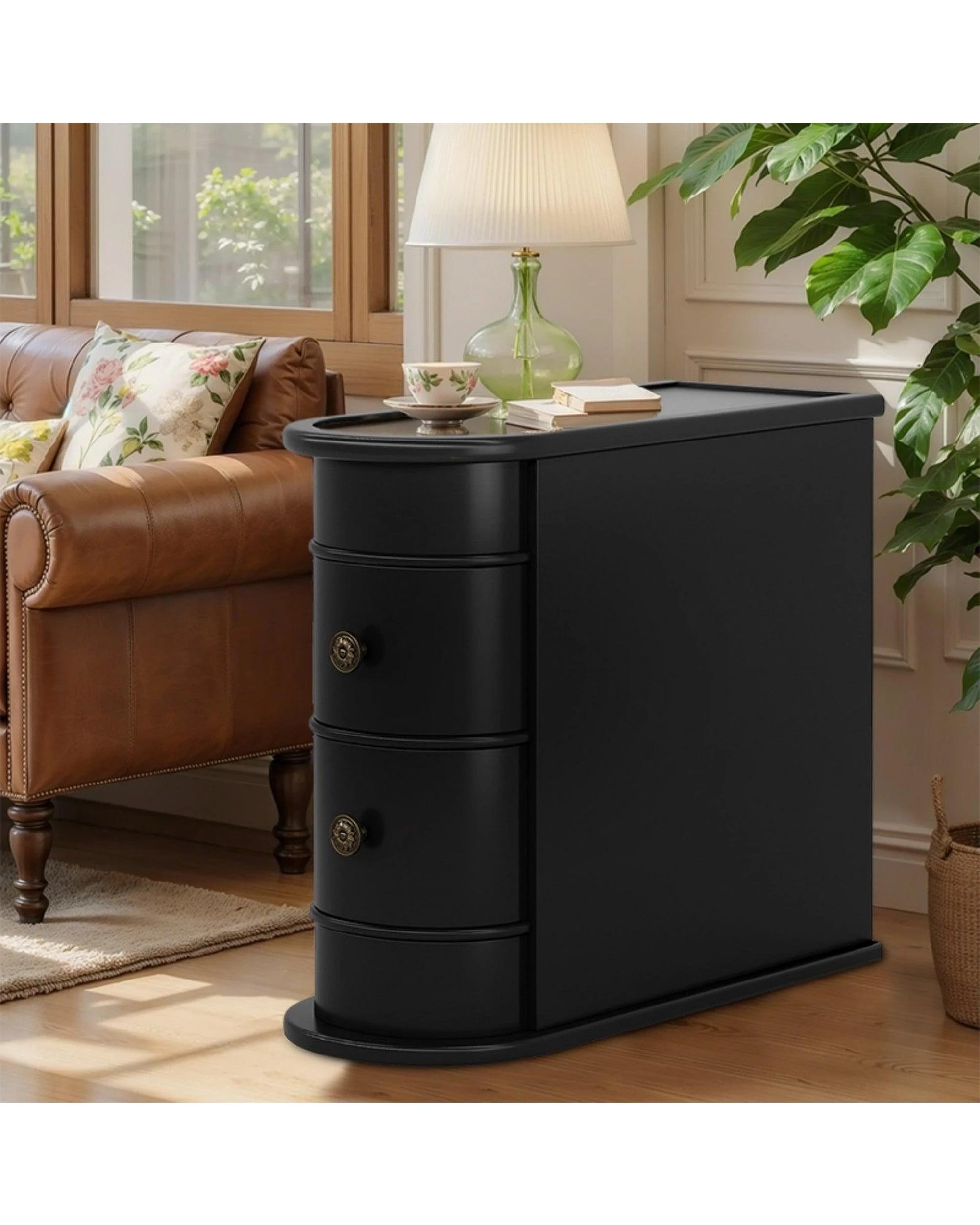 6 OAKORY 60cm End Table with 2 Drawers, Fully Assembled Narrow Side Table Black - Black, 6 of 6