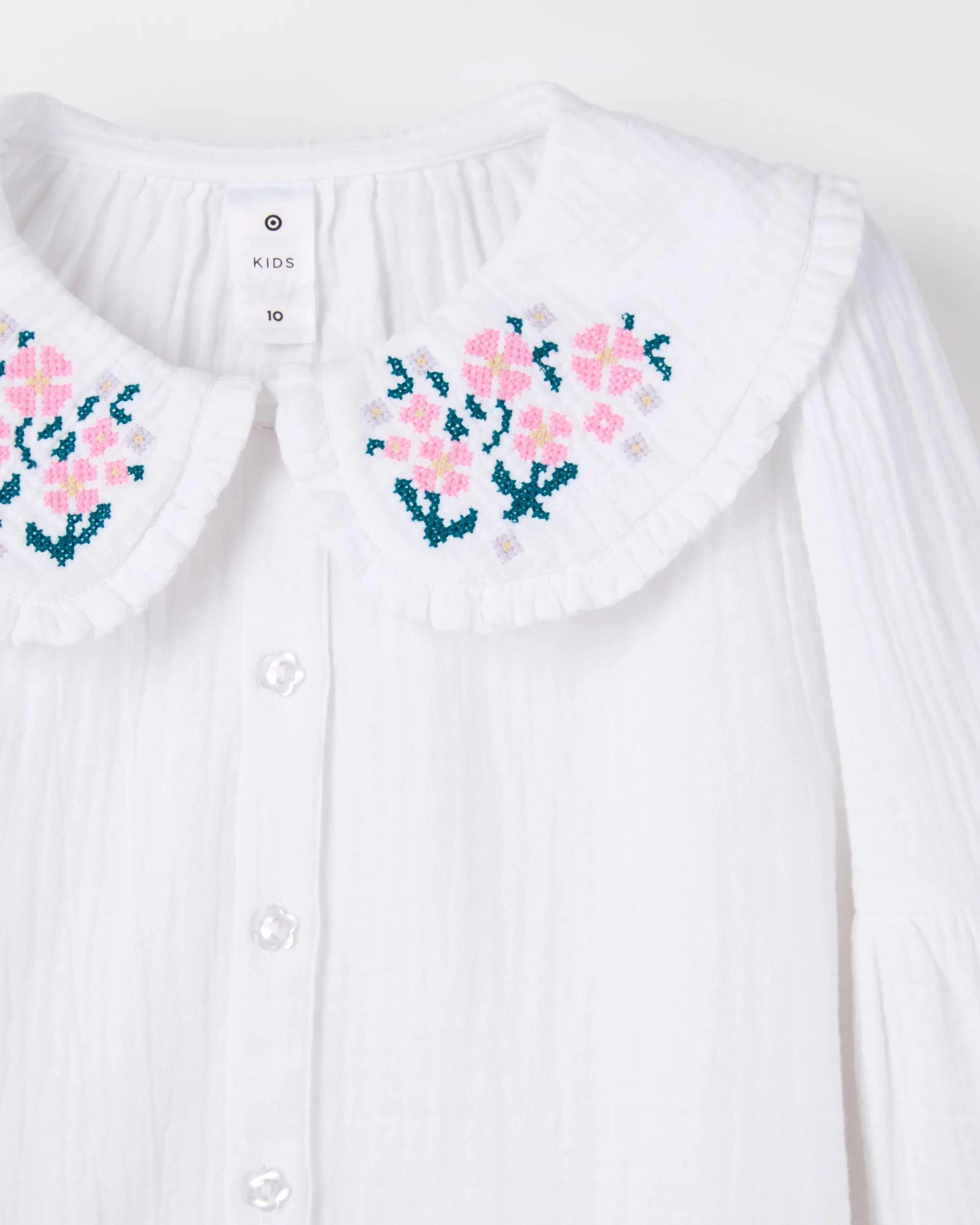 2 Target Kids Long Sleeve Frill Collar Button Through Front Blouse WHITE, 2 of 3