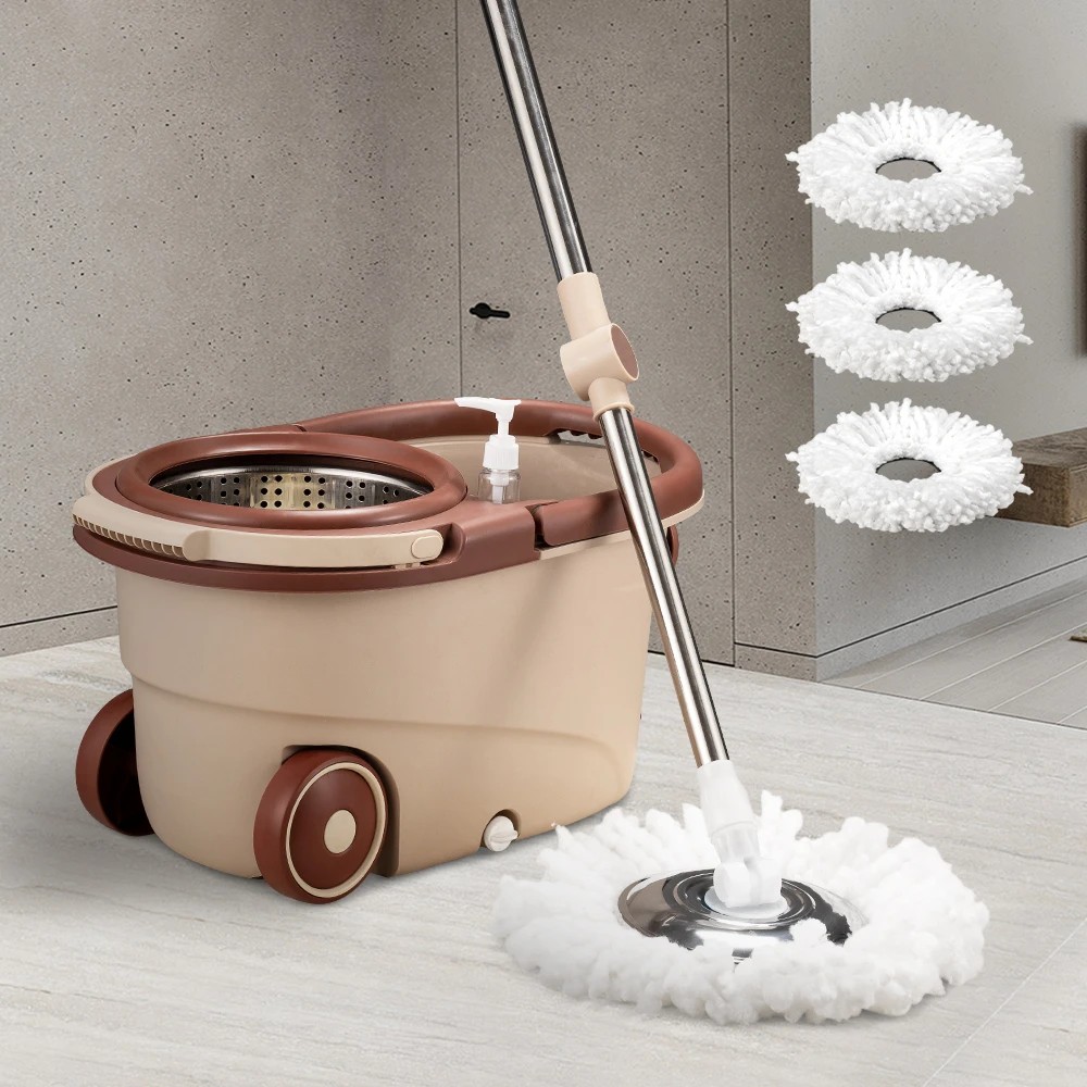 3 ZUNI Spin Mop Bucket Set Floor Mop Stainless Steel Rotating w/ 2 Heads - Brown, 3 of 3
