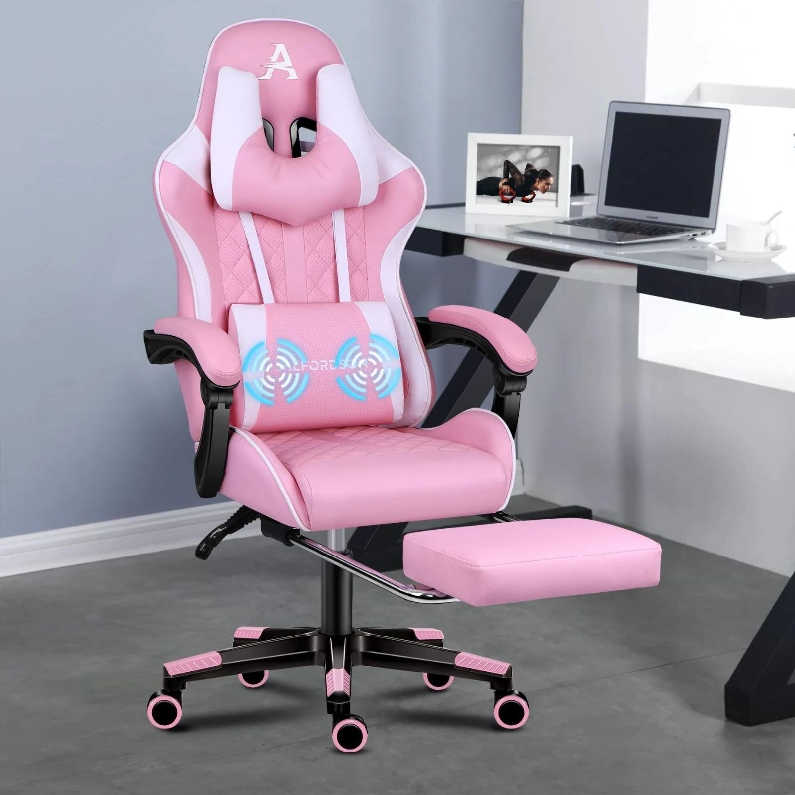 2 Alfordson Gaming Chair Office Racer Large Lumbar Cushion Footrest Seat Leather - Pink, 2 of 10