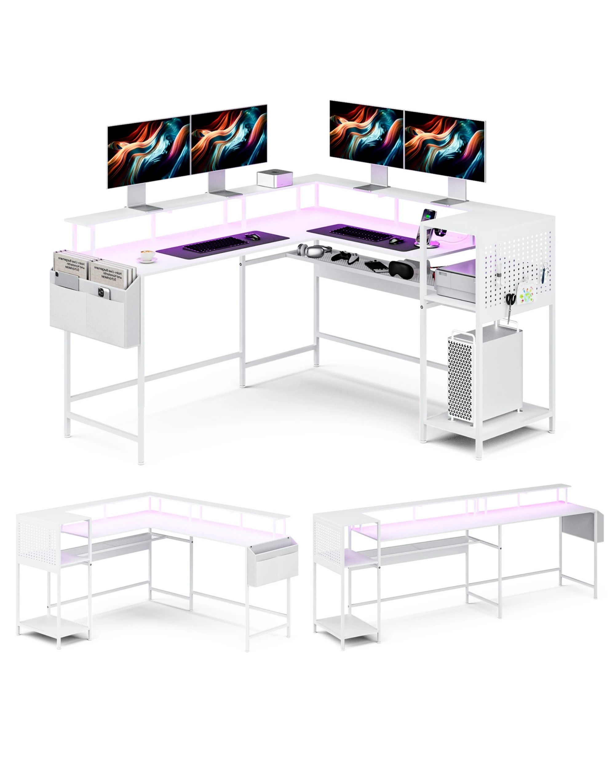 1 Advwin 150cm L Shaped Computer Desk w/ LED Lights & Power Outlets  - White, 1 of 10