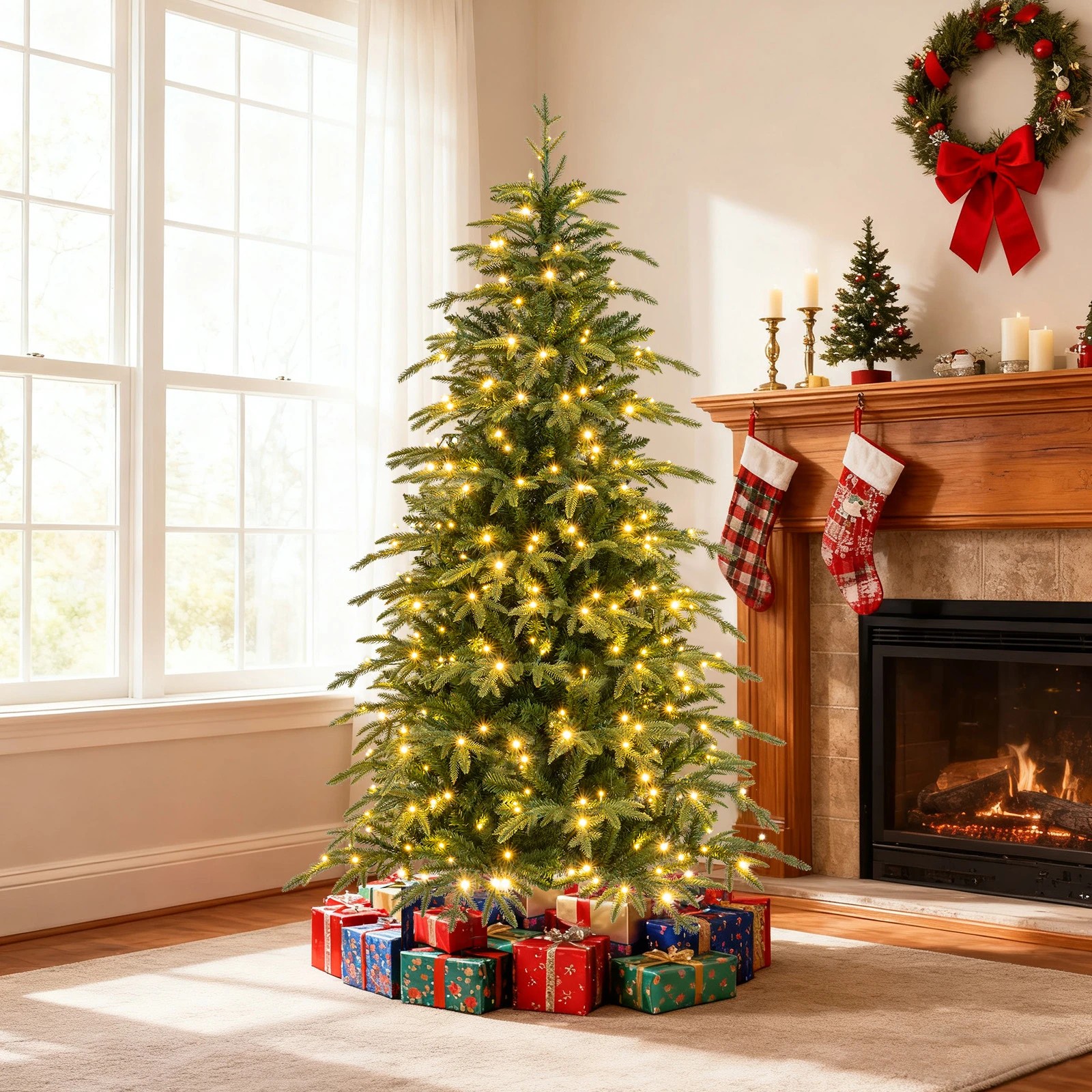 5 Costway 185cm PE & PVC Artificial Christmas Tree Pre-Lit Hinged Xmas Tree 11 Lighting Modes, 5 of 7