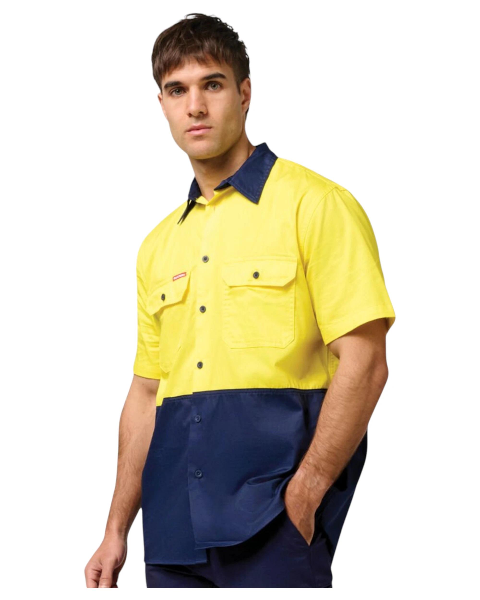 5 Hard Yakka 3 Pack Core Hi Vis 2 Tone Short Sleeve Lightweight Vented Shirt YELLOW/NAVY, 5 of 6